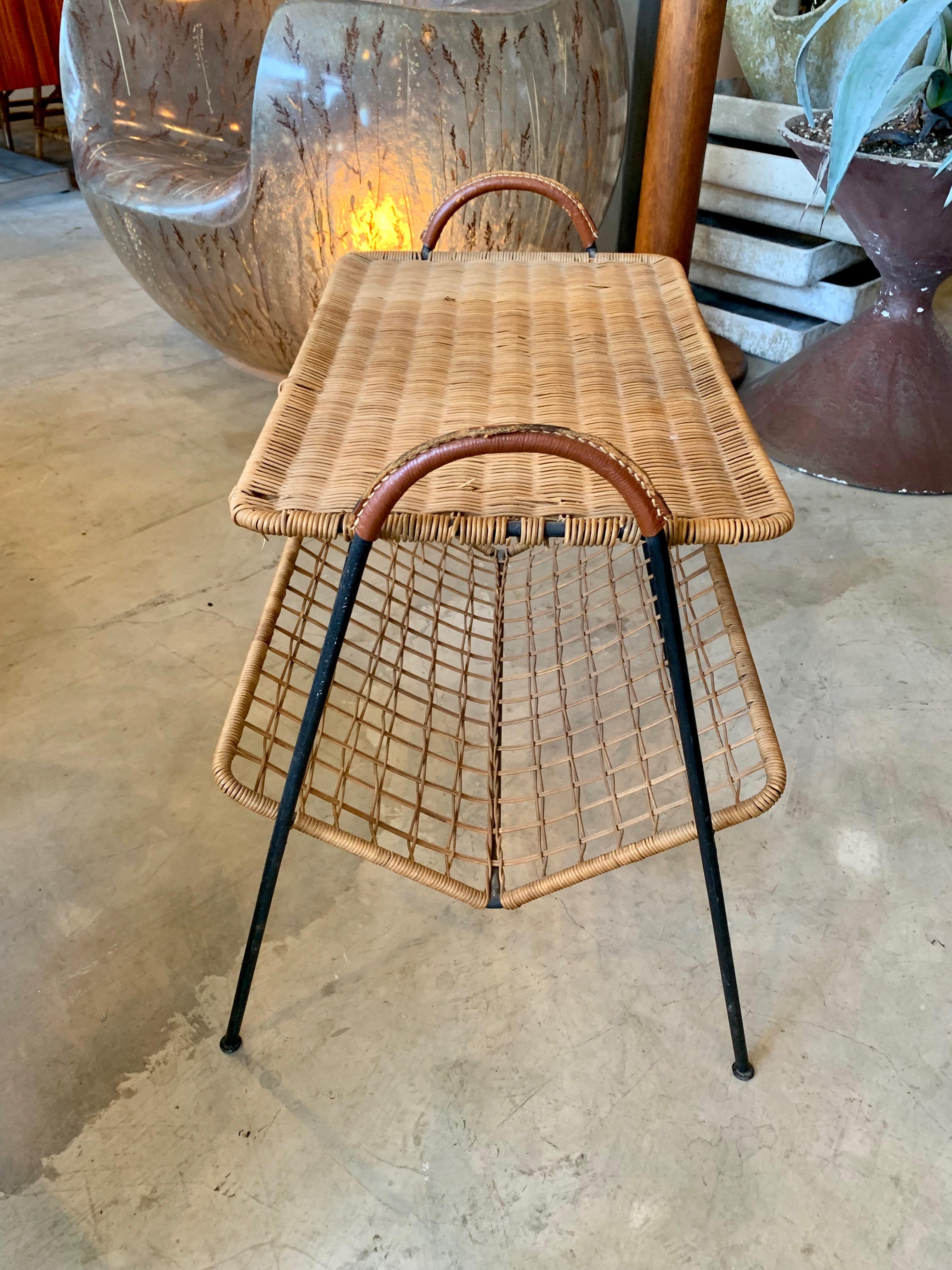 Jacques Adnet Leather and Wicker Side Table In Good Condition In Los Angeles, CA