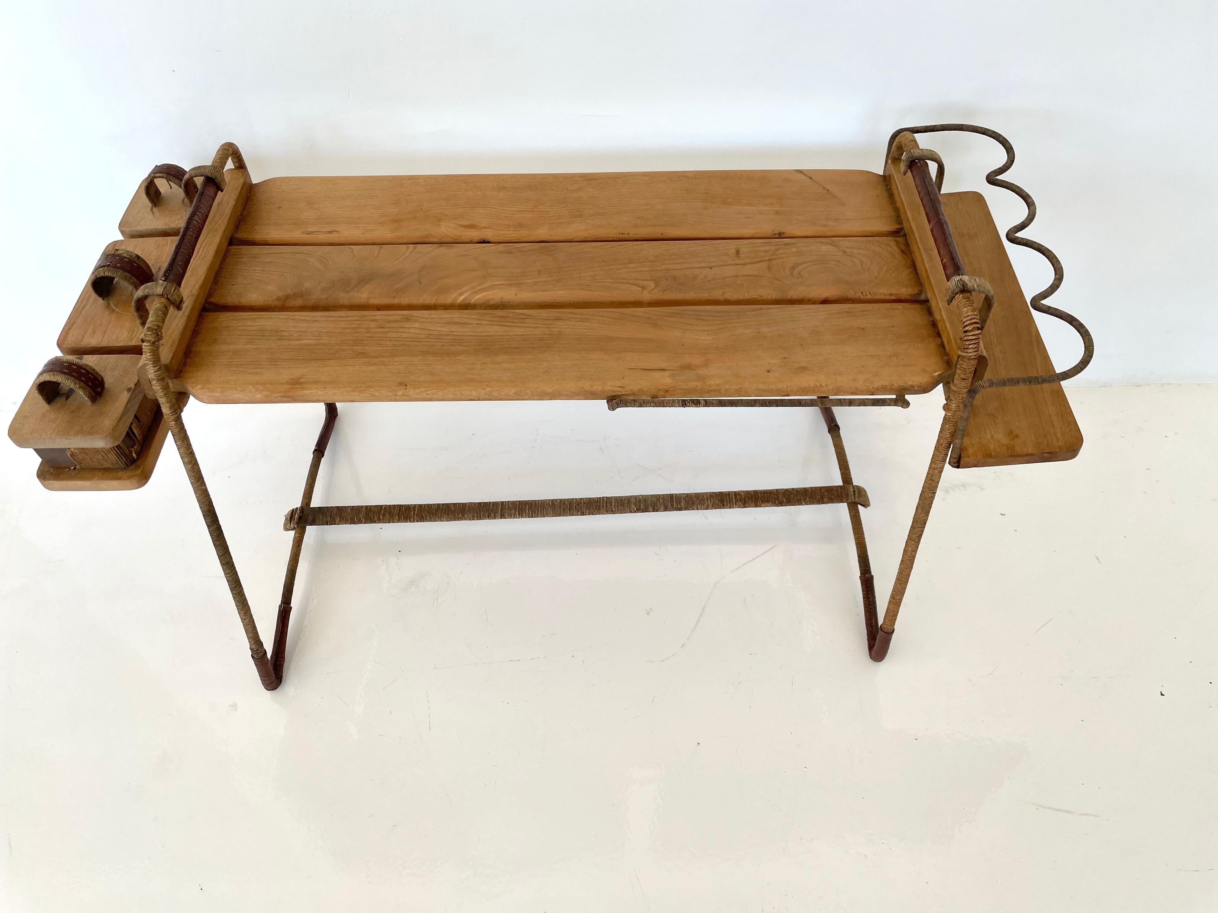 French Jacques Adnet Leather and Wood Serving Cart