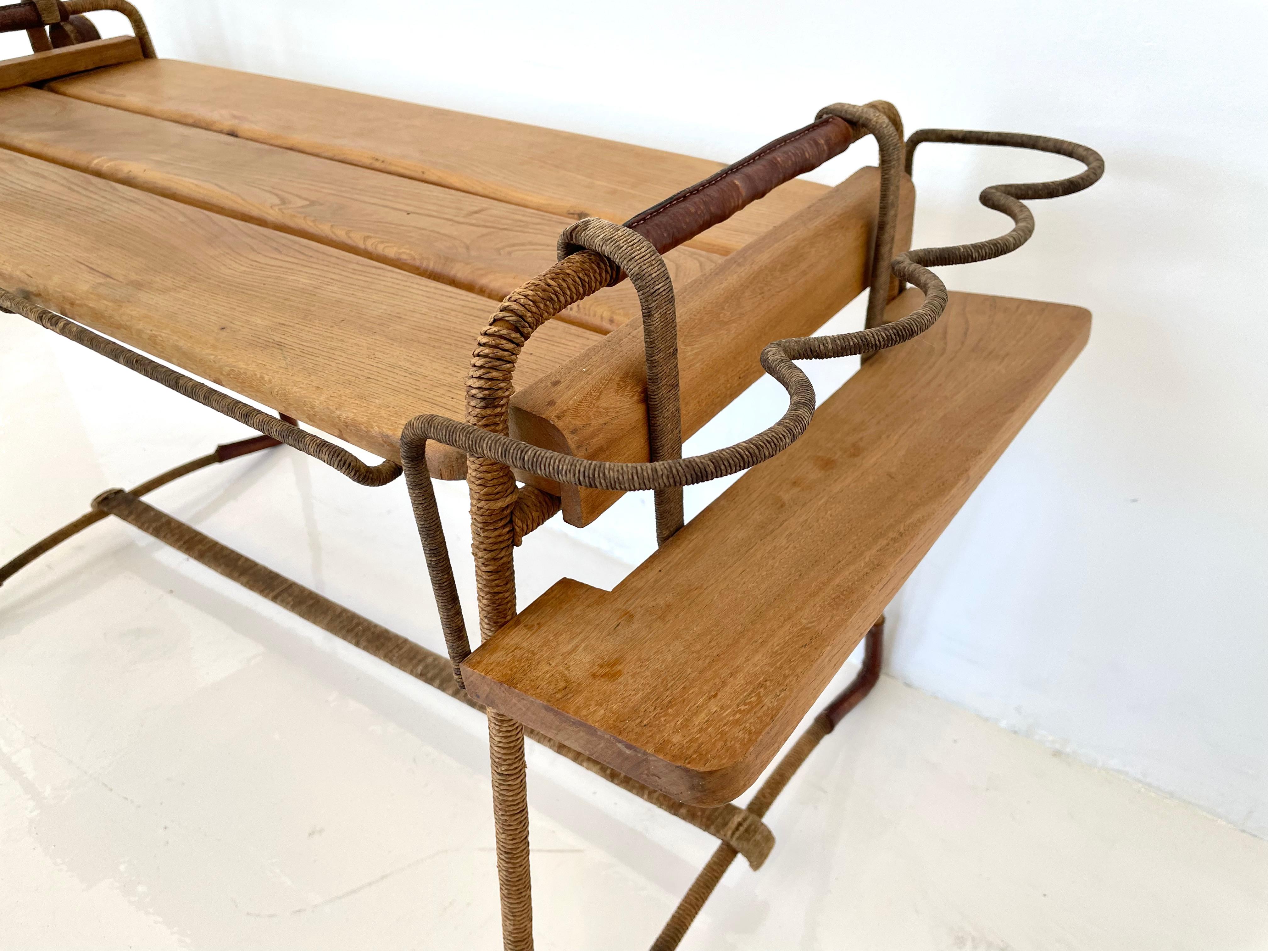 Jacques Adnet Leather and Wood Serving Cart In Good Condition In Los Angeles, CA