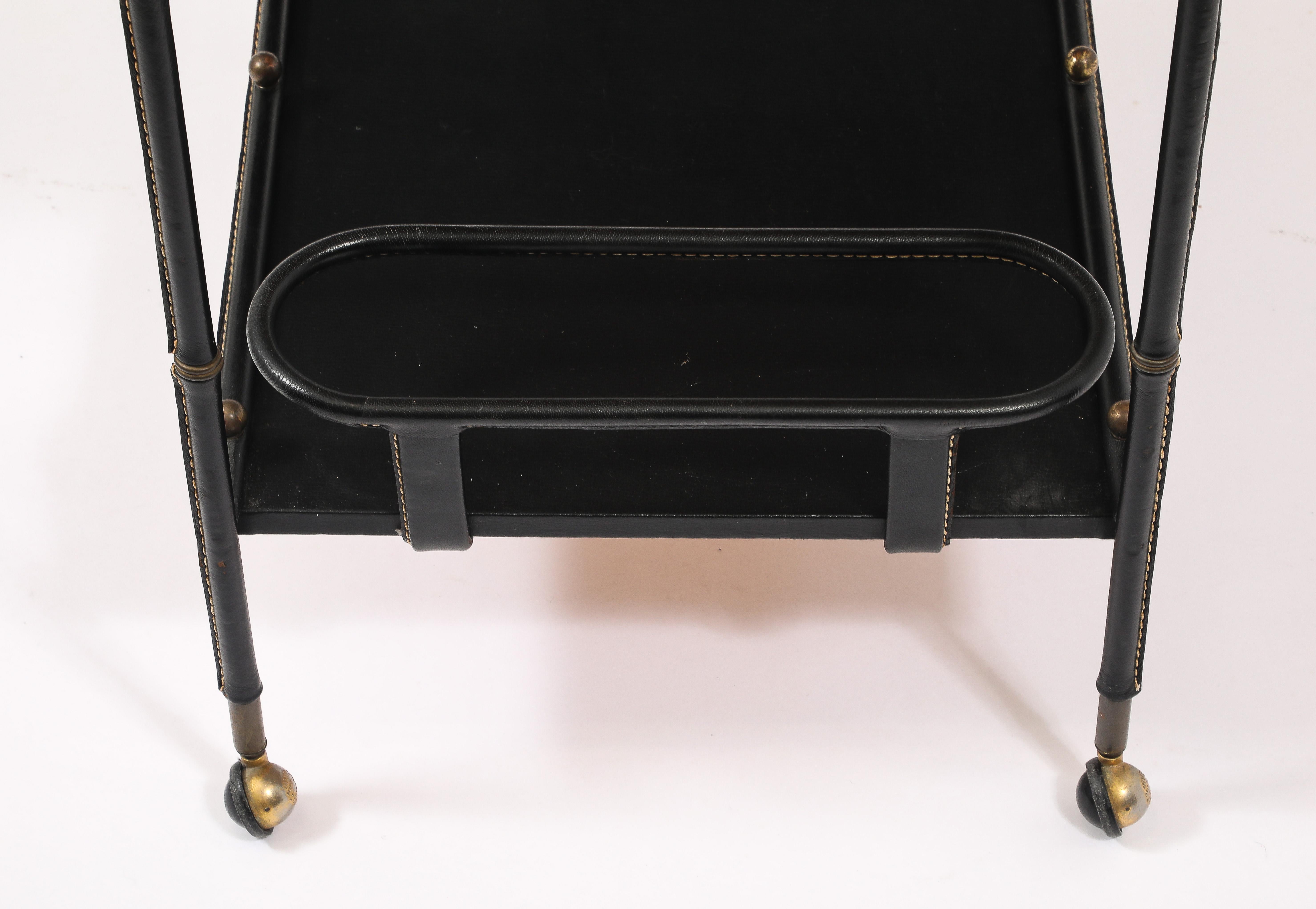 Jacques Adnet Leather Bar Cart, France 1950's For Sale 4