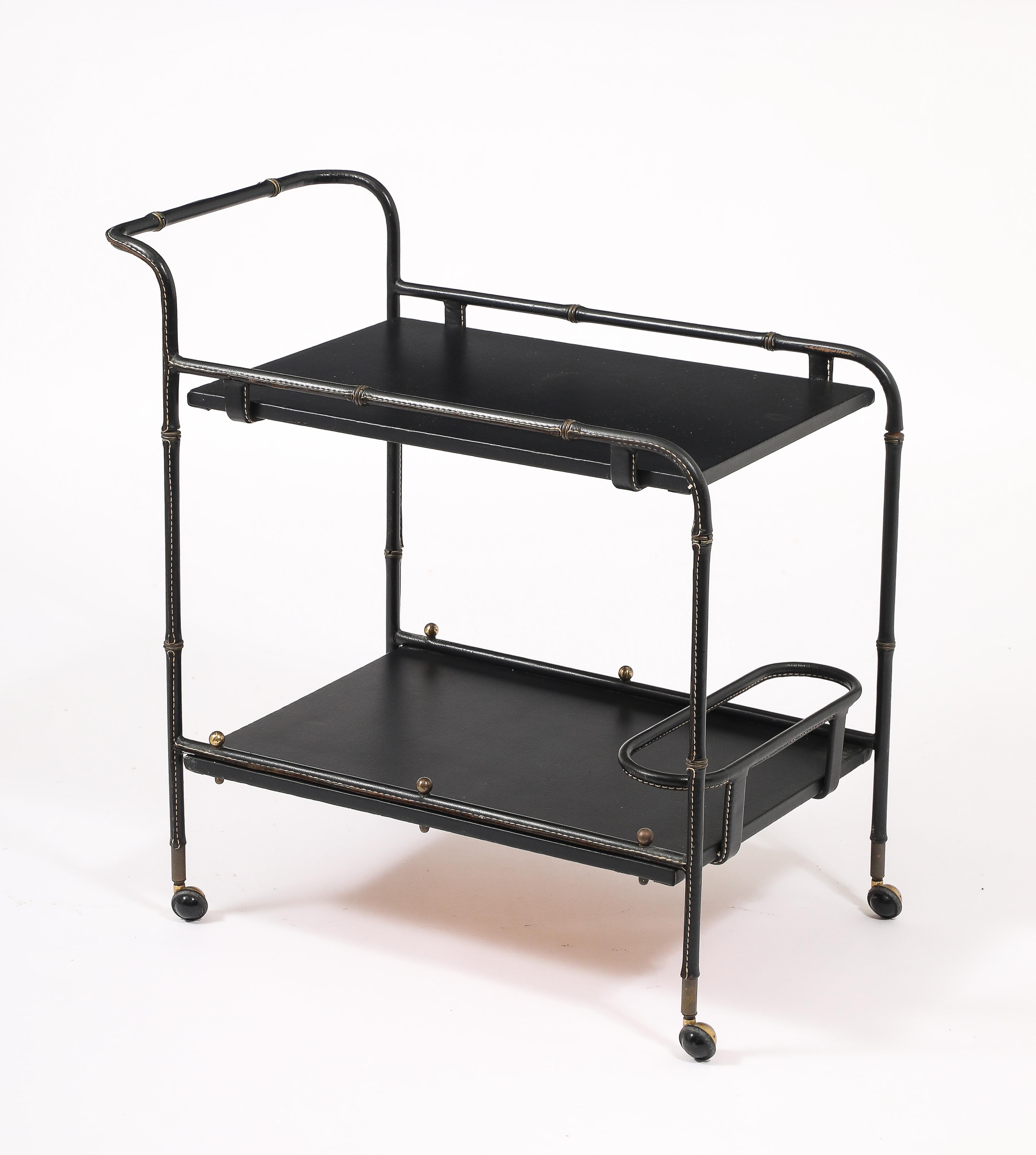 Jacques Adnet Leather Bar Cart, France 1950's For Sale 5