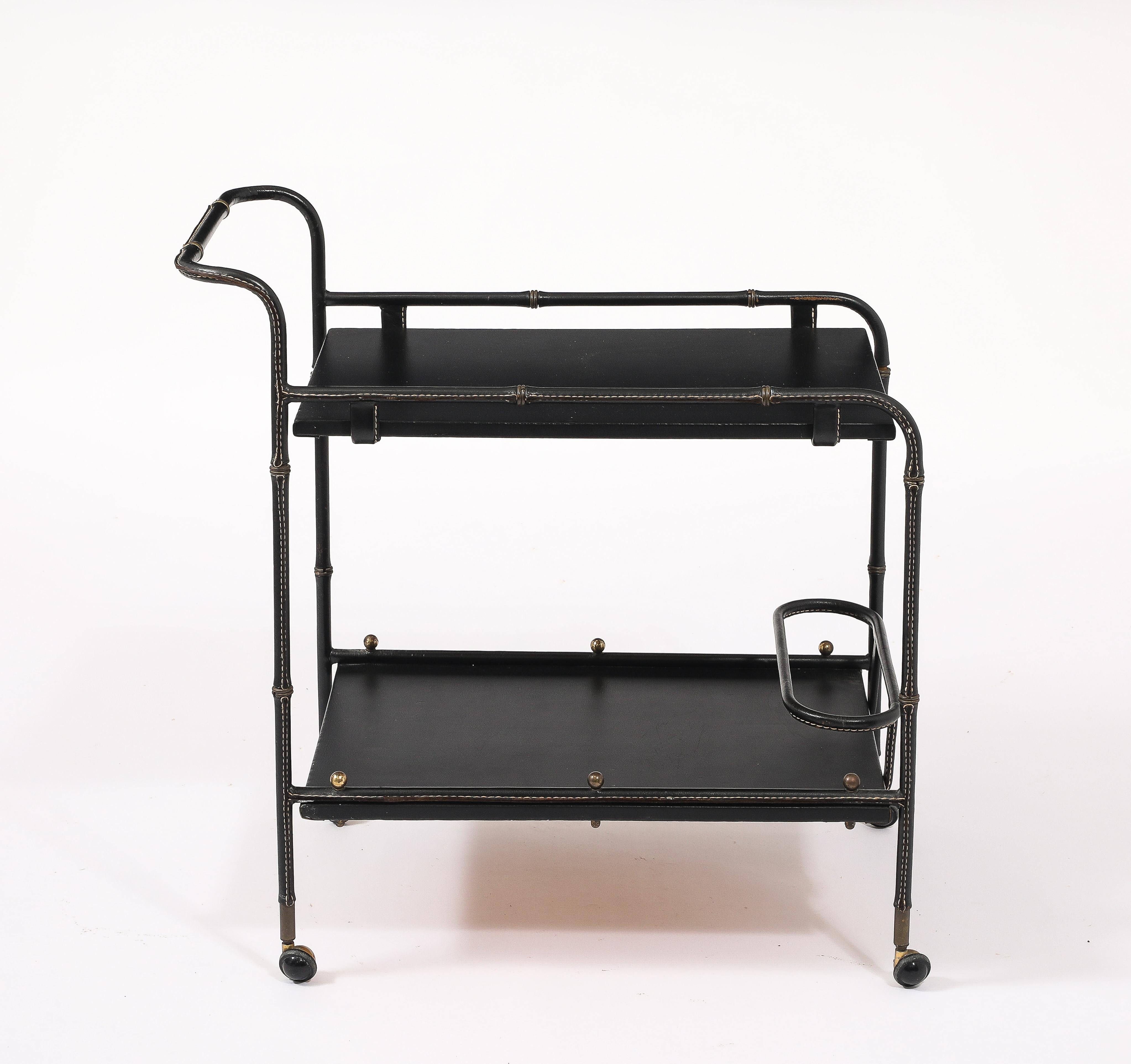 Jacques Adnet Leather Bar Cart, France 1950's For Sale 7