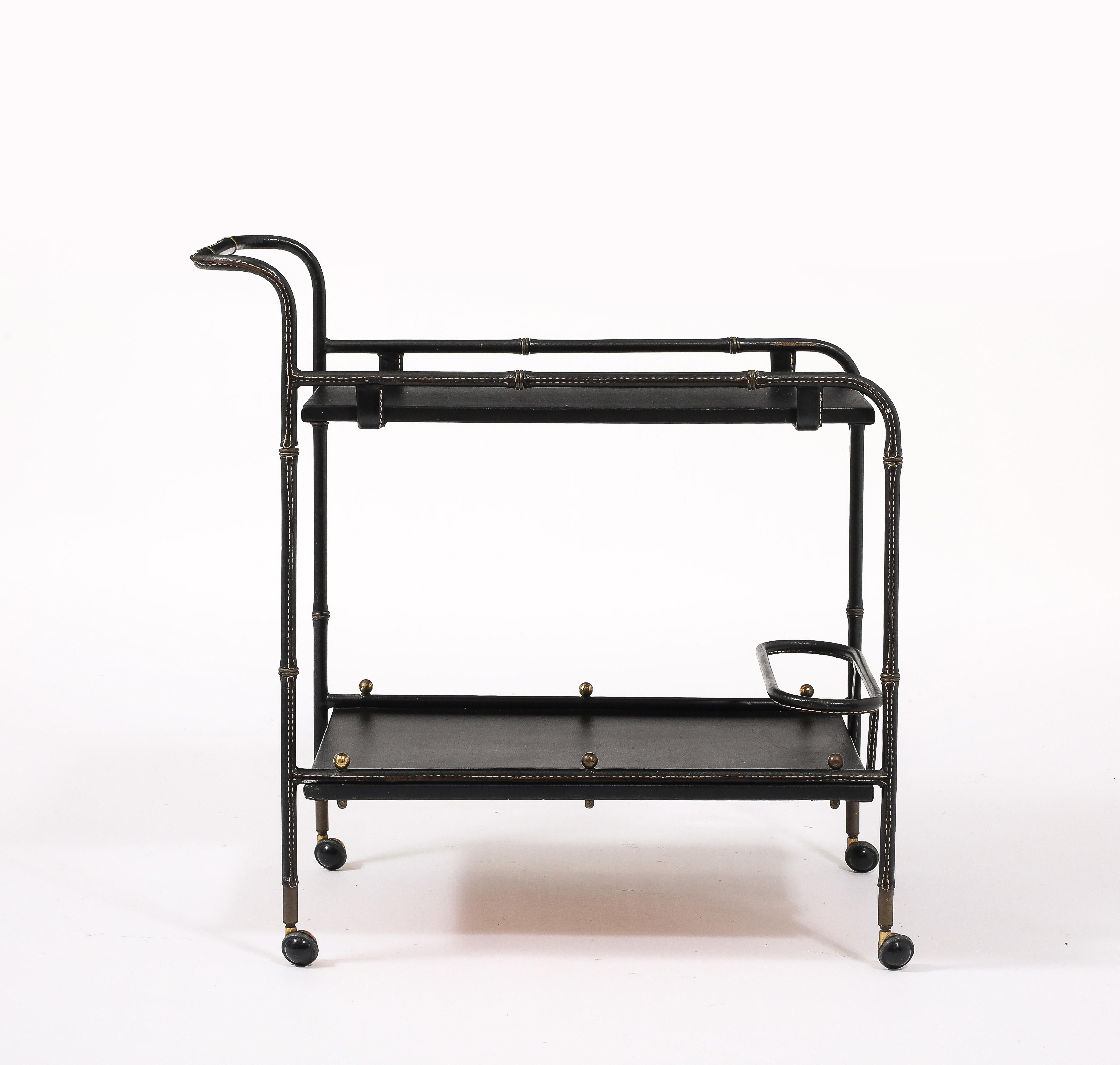 Jacques Adnet Leather Bar Cart, France 1950's For Sale 8