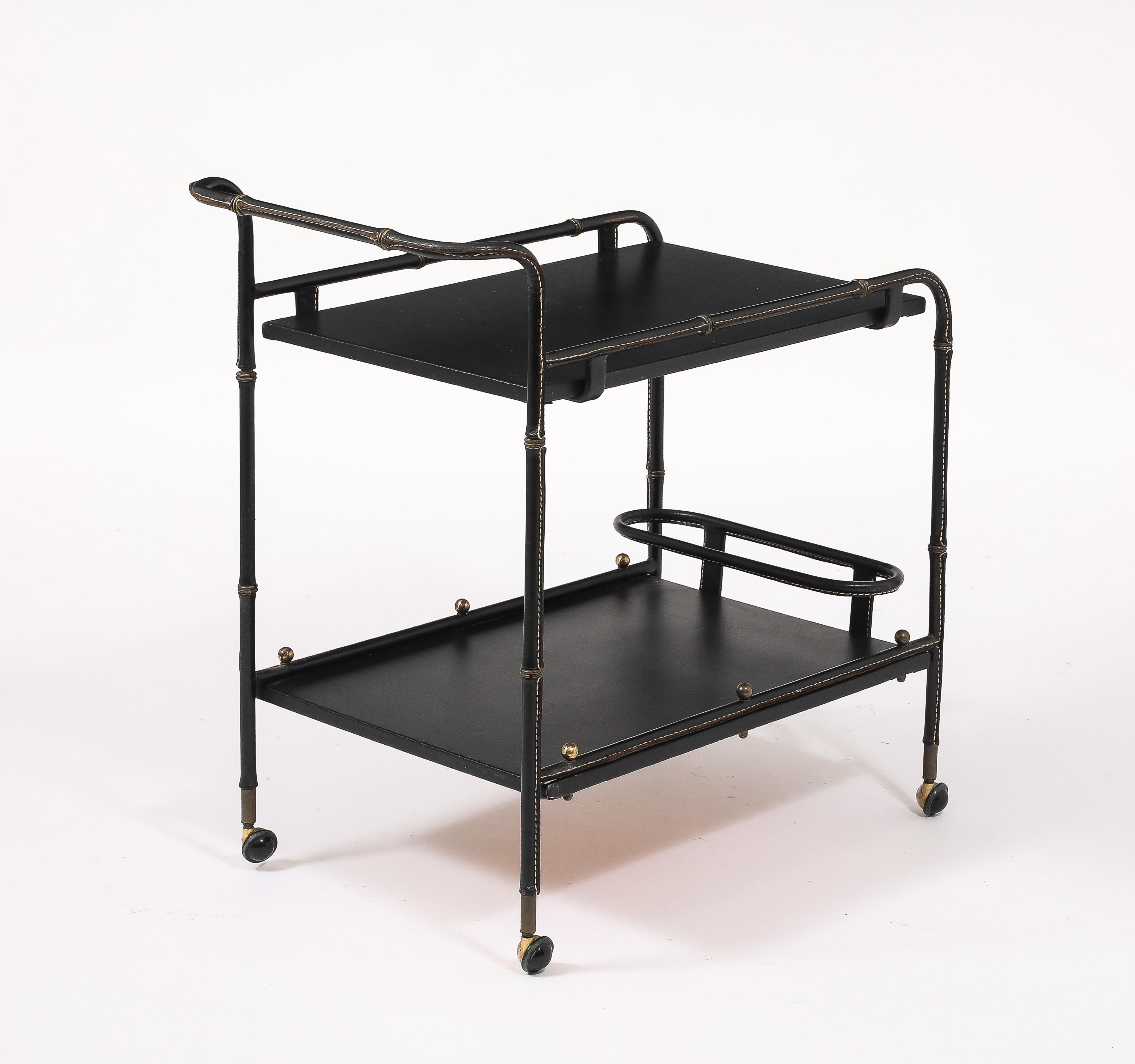 Jacques Adnet Leather Bar Cart, France 1950's For Sale 10