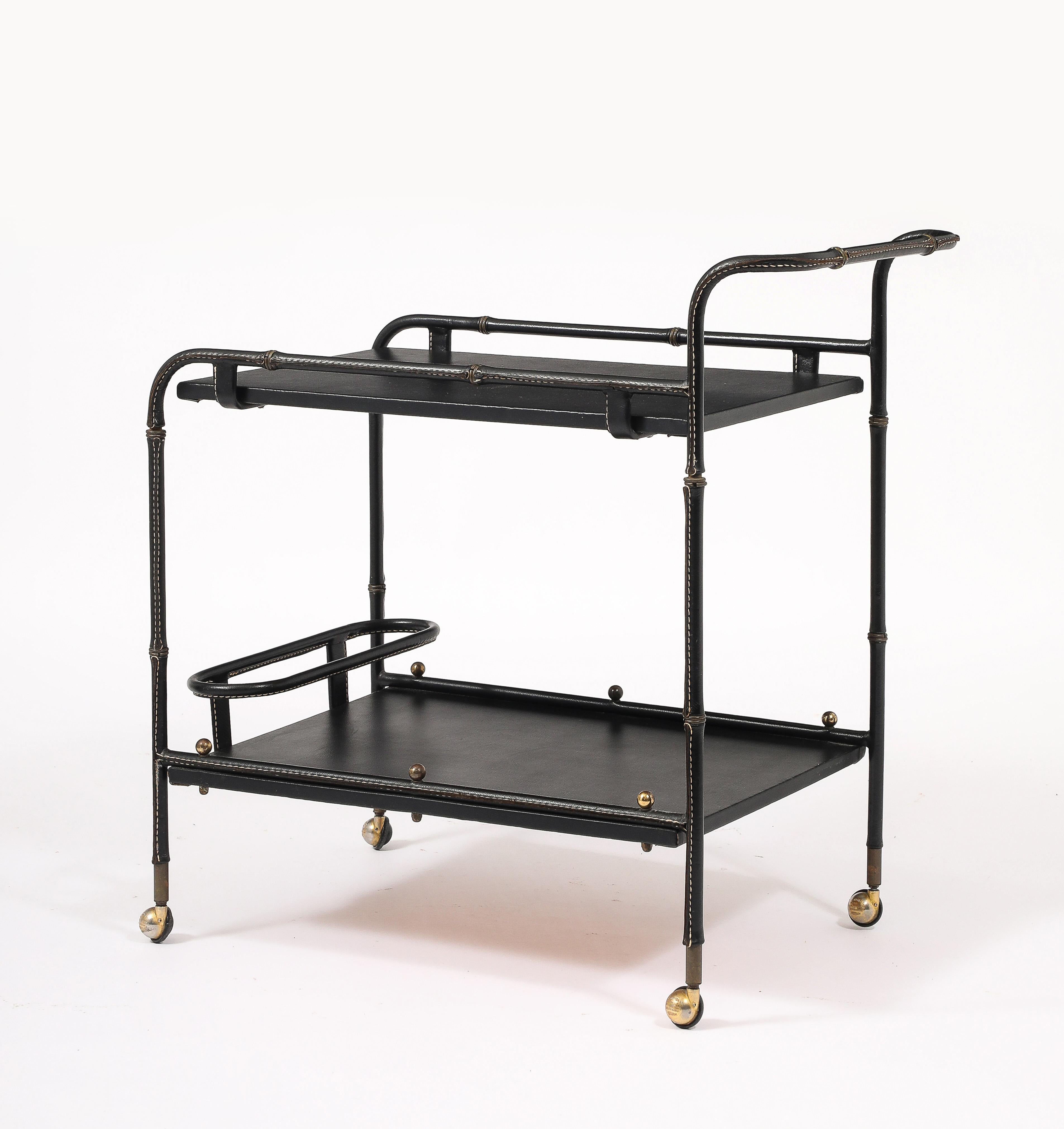 Jacques Adnet Leather Bar Cart, France 1950's For Sale 12
