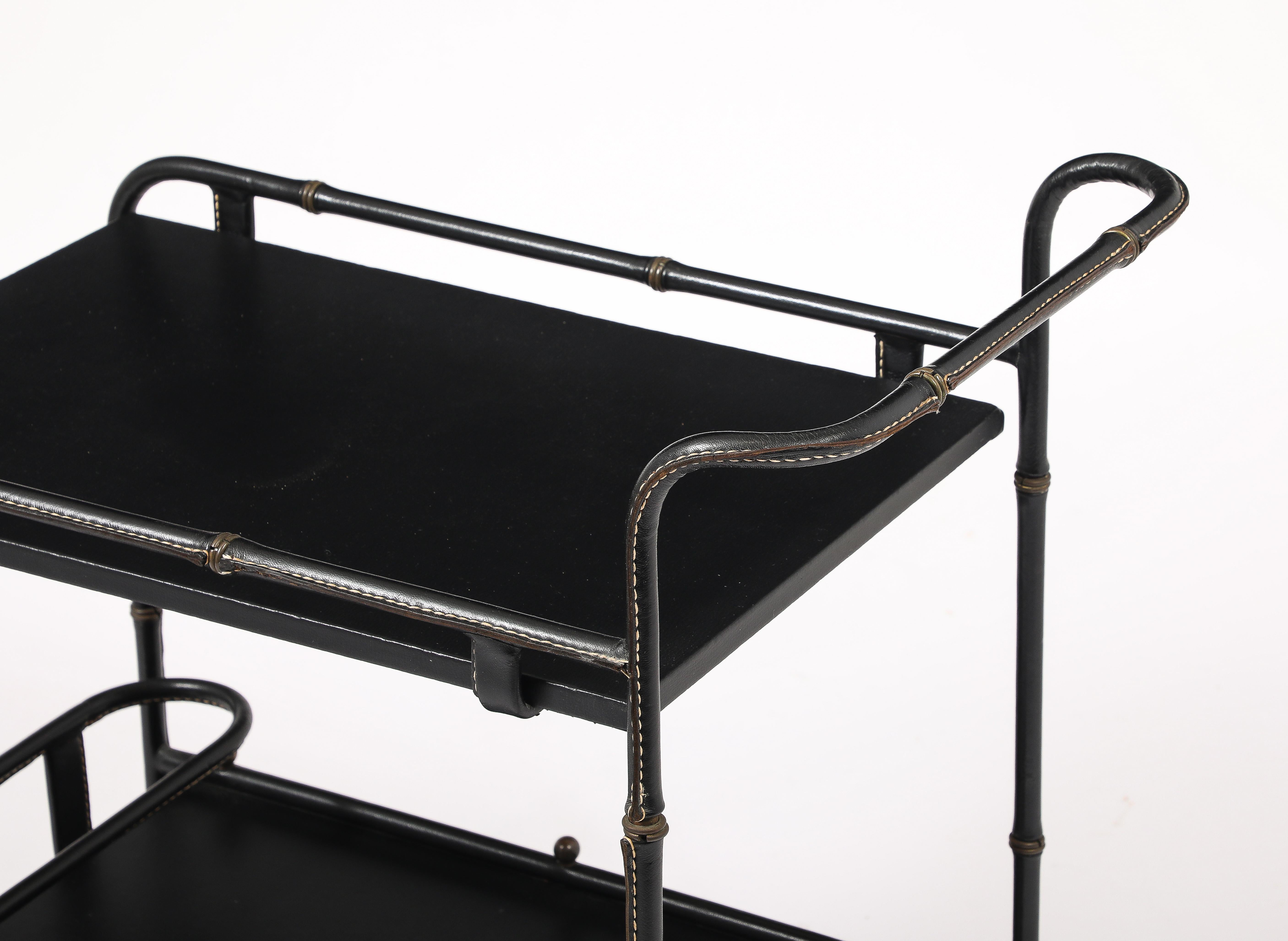 Jacques Adnet Leather Bar Cart, France 1950's For Sale 14