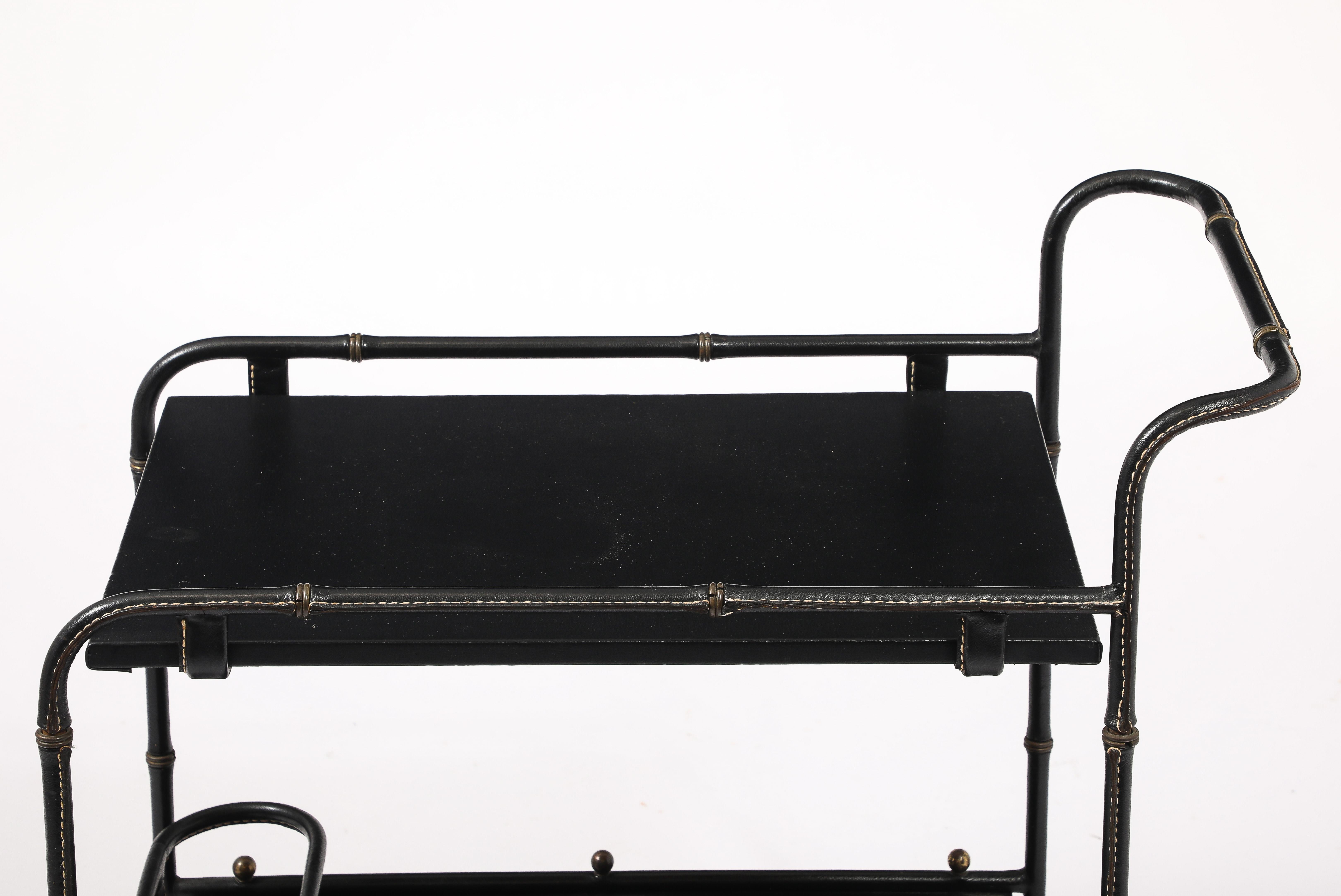 French Jacques Adnet Leather Bar Cart, France 1950's For Sale