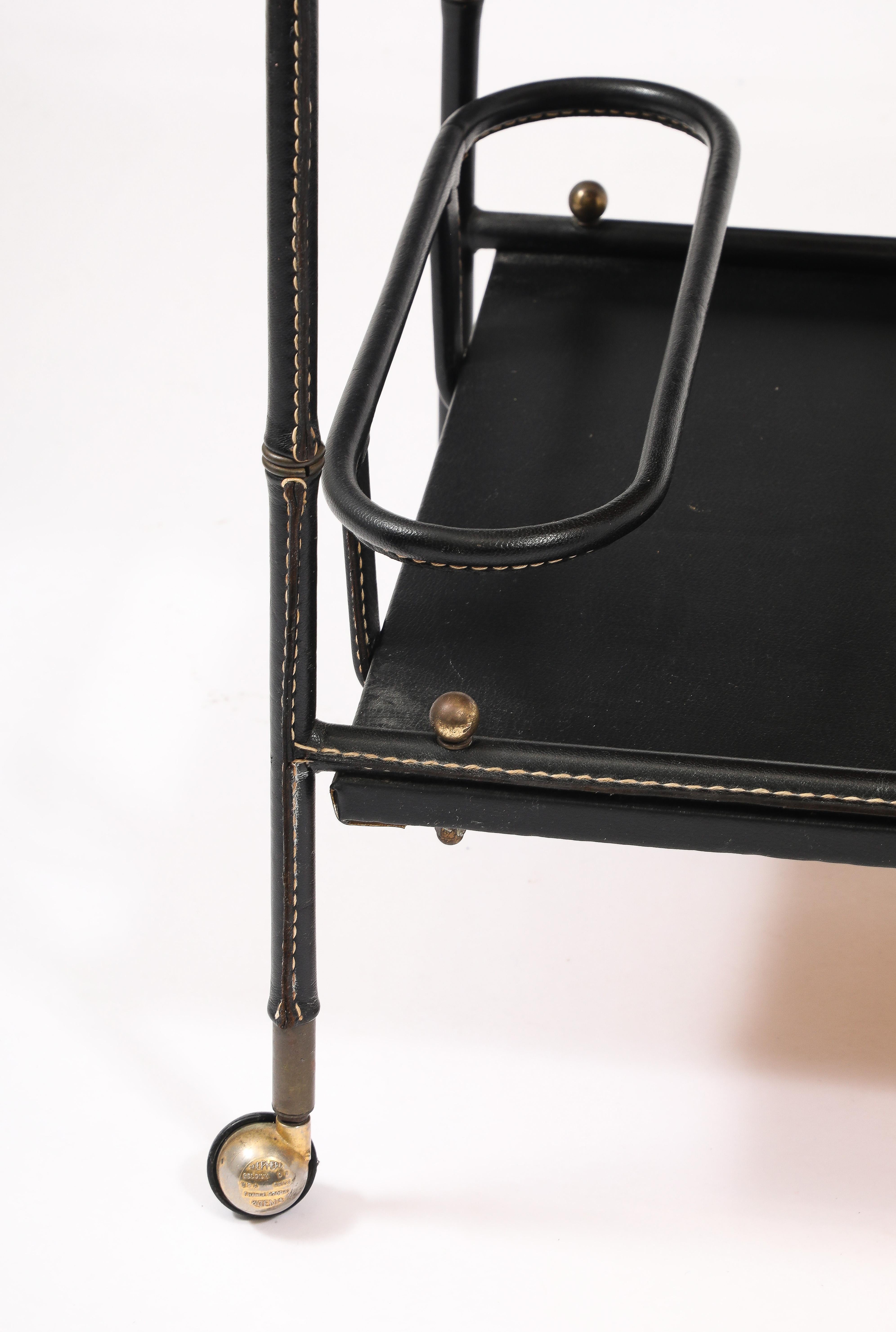 Jacques Adnet Leather Bar Cart, France 1950's In Good Condition For Sale In New York, NY