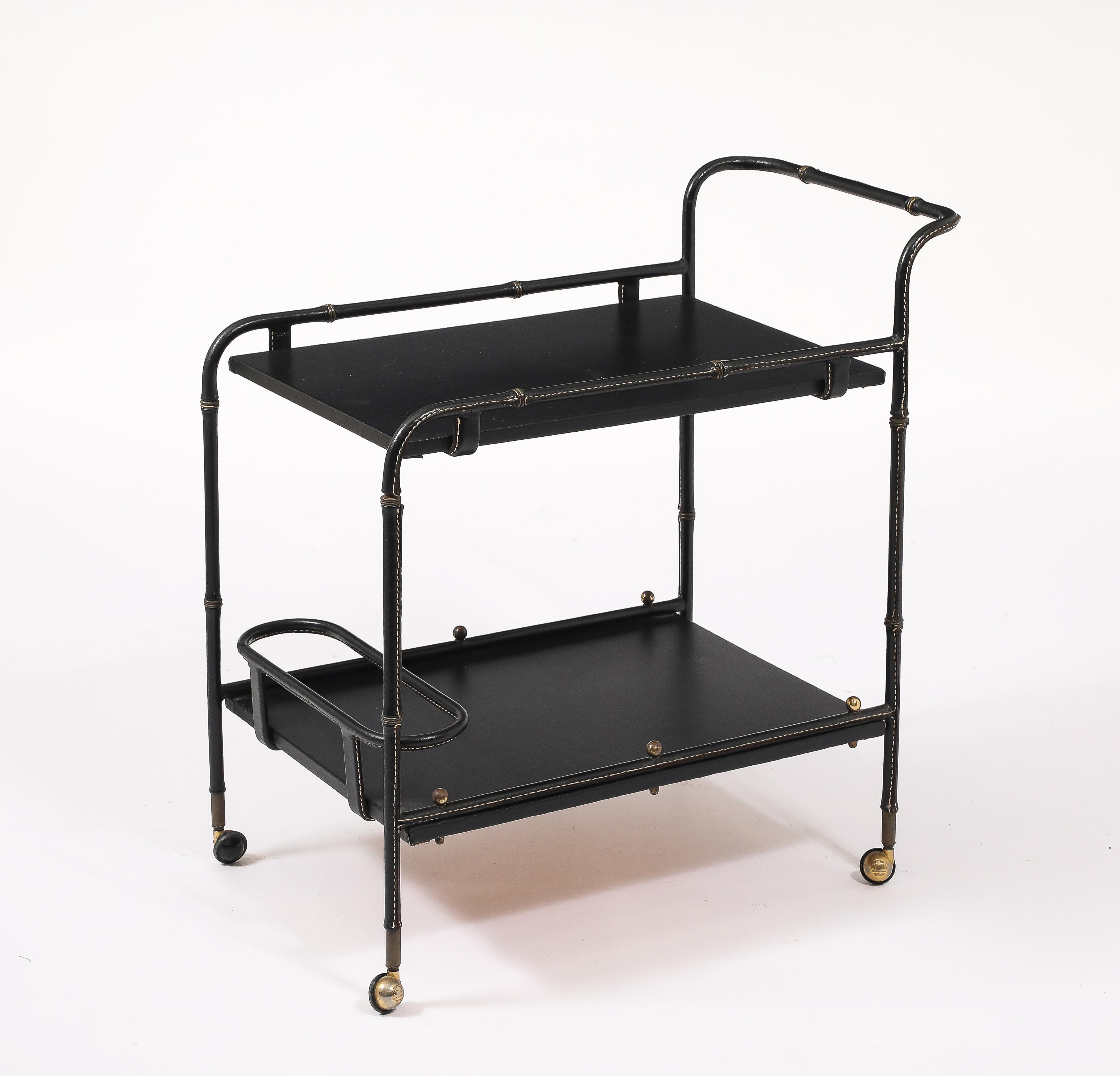 Jacques Adnet Leather Bar Cart, France 1950's For Sale 1