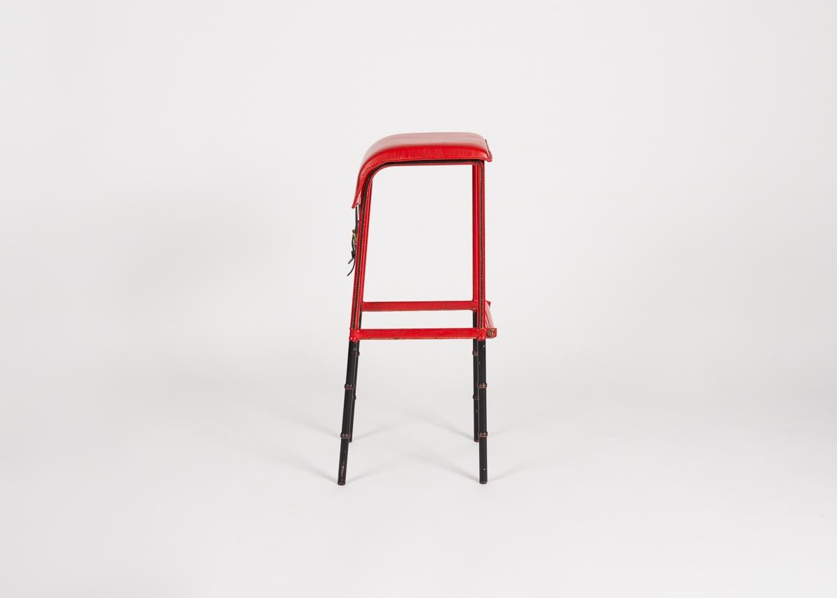 Cast Jacques Adnet Leather Bar Stool, France, circa 1950 For Sale