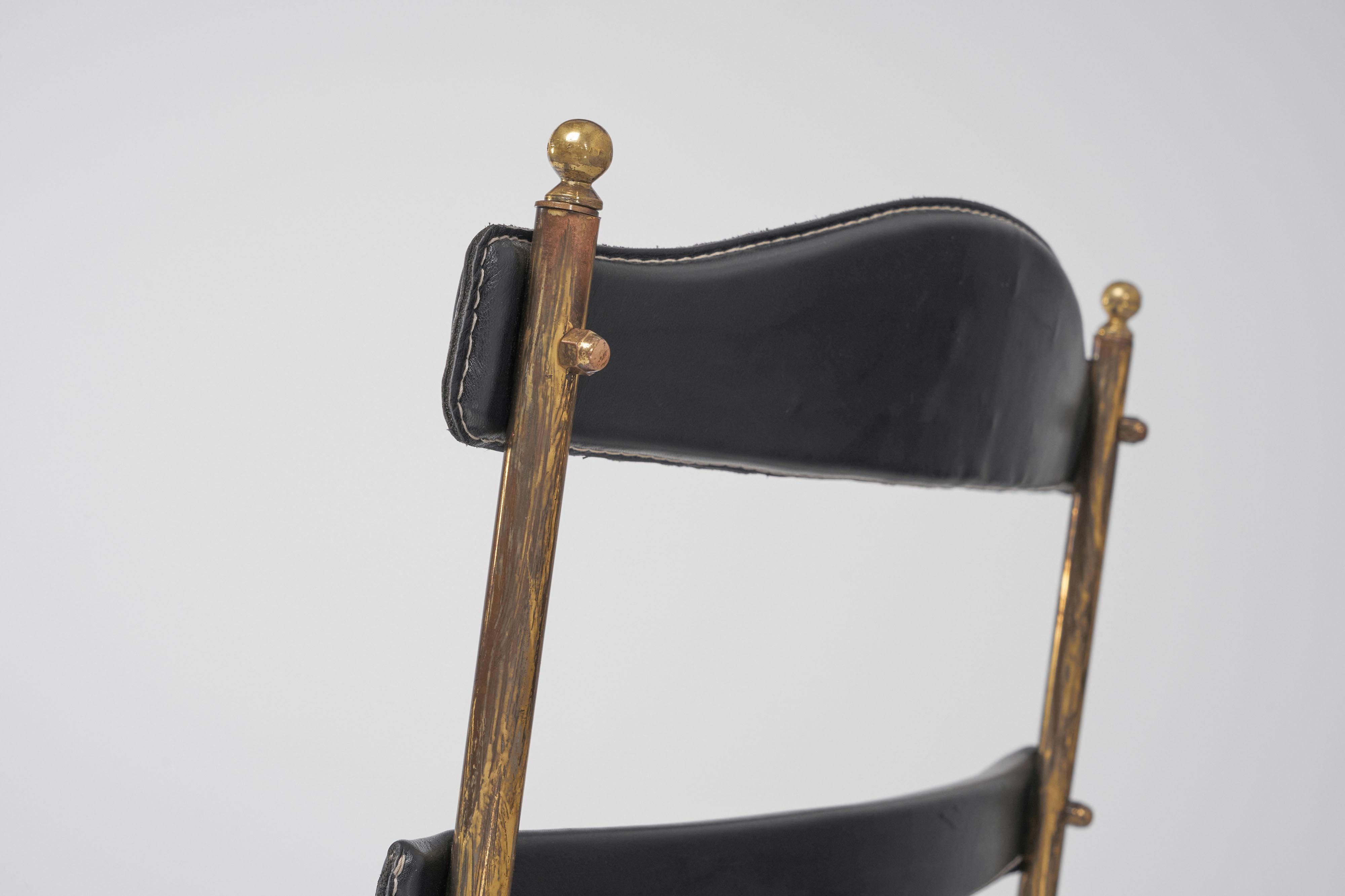 French Jacques Adnet leather brass side chair France 1950 For Sale