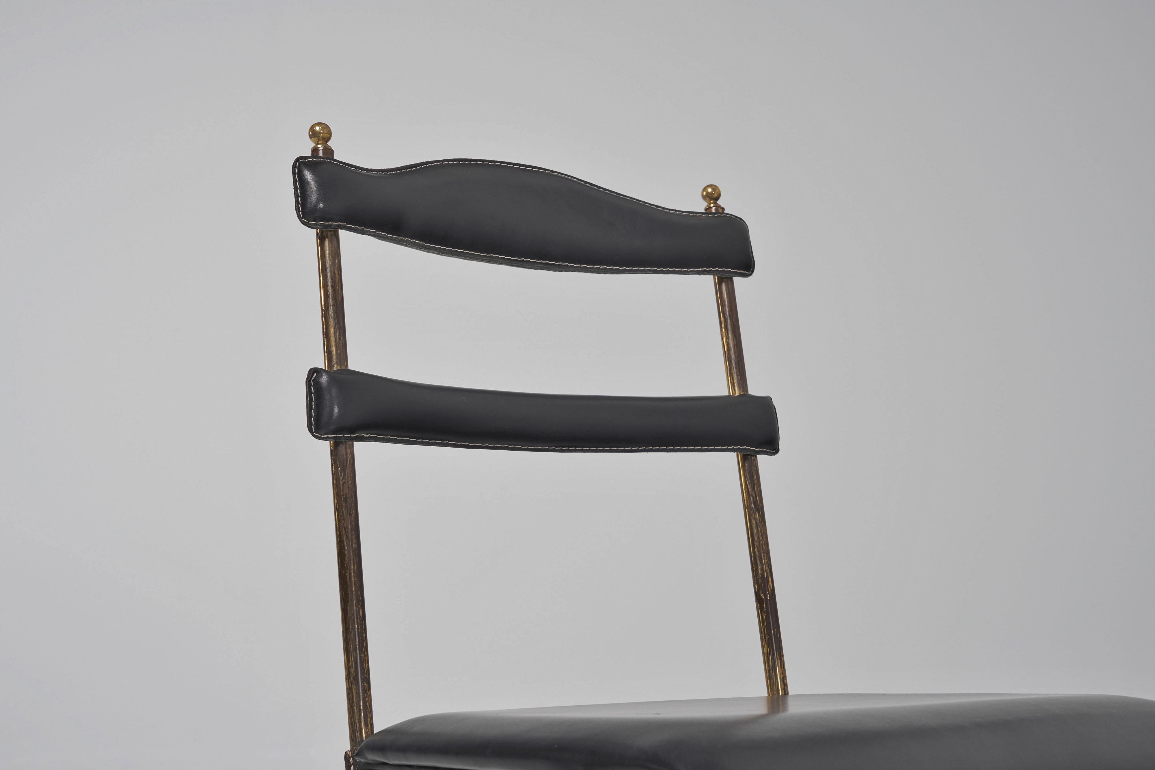 Mid-20th Century Jacques Adnet leather brass side chair France 1950 For Sale