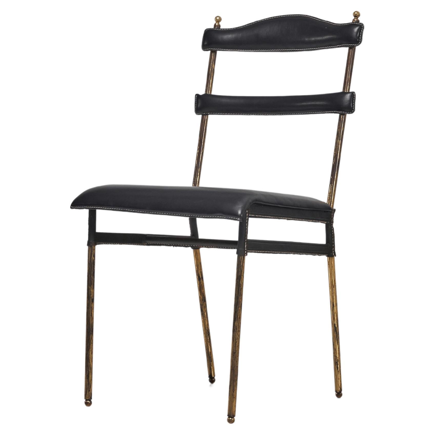 Jacques Adnet leather brass side chair France 1950 For Sale