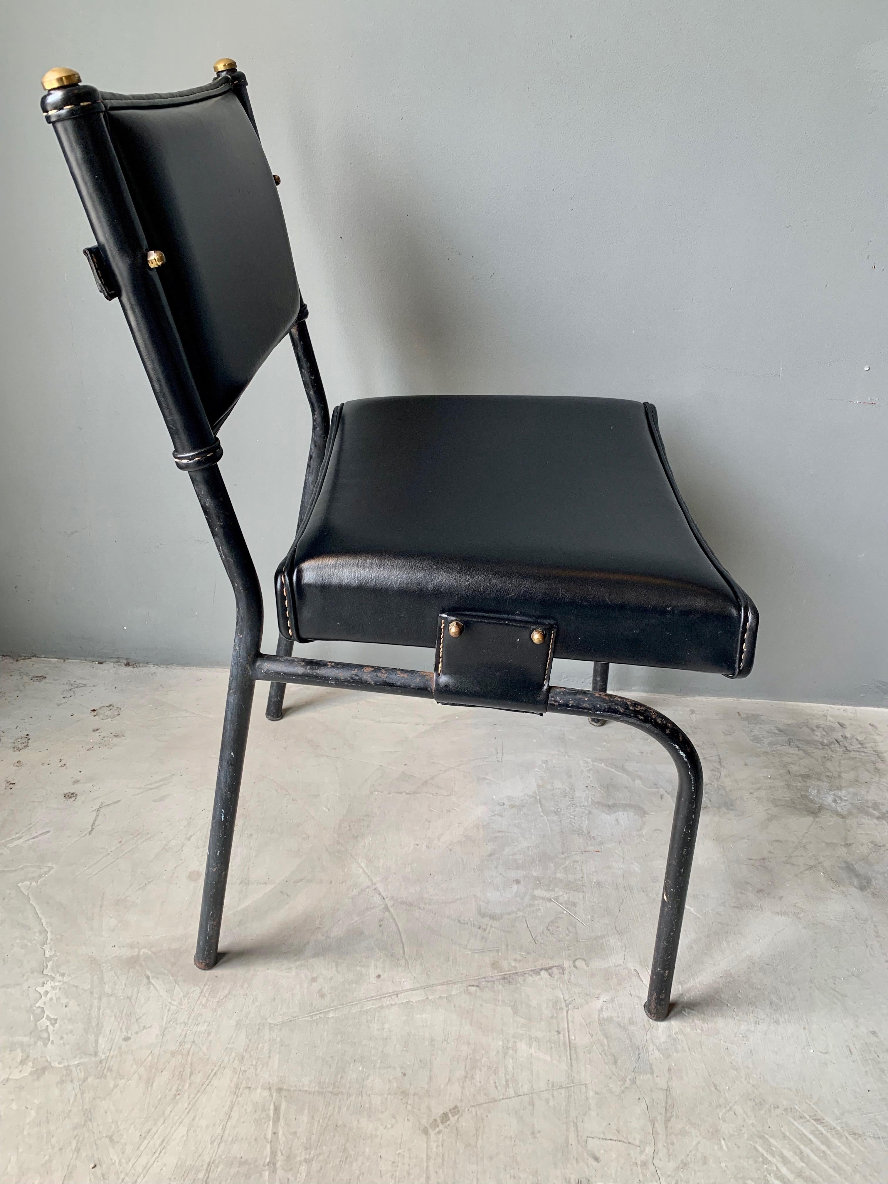 French Jacques Adnet Leather Chair with Matching Footstool, 1950s France