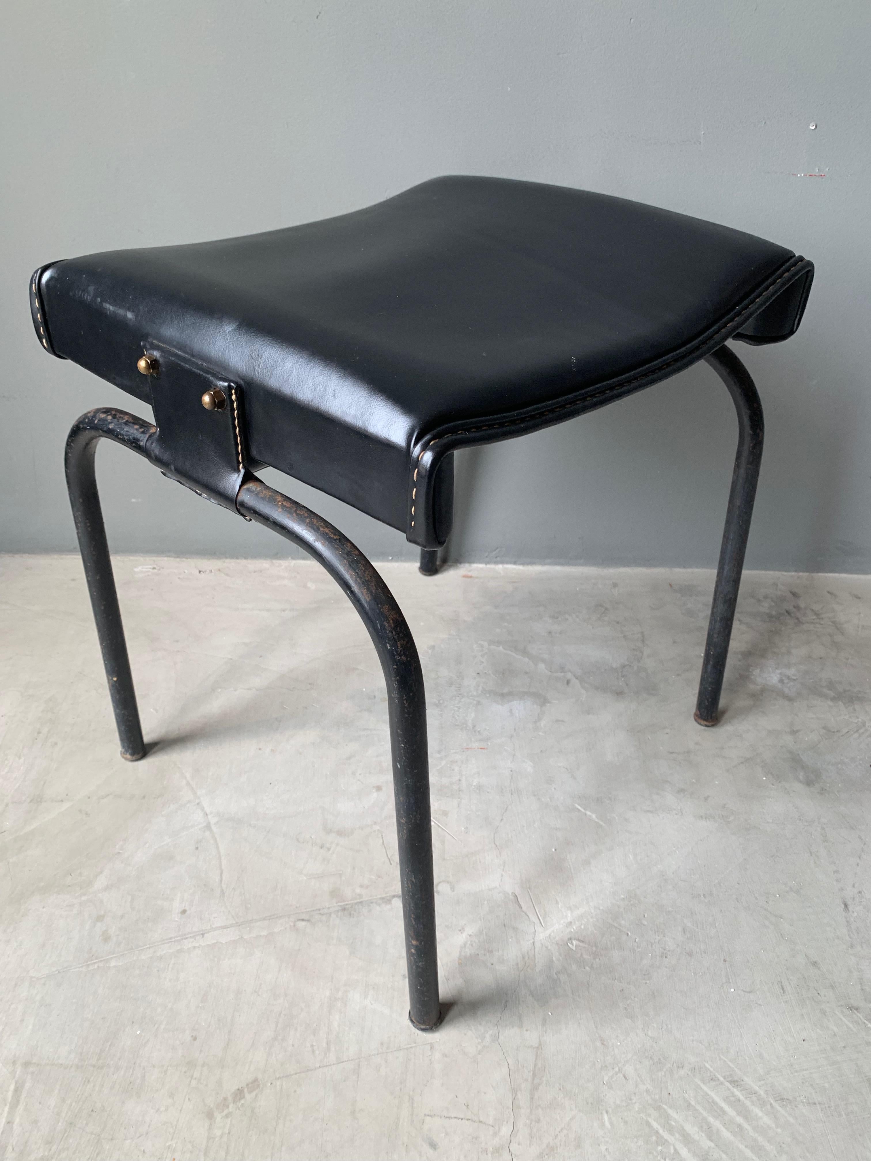 Jacques Adnet Leather Chair with Matching Footstool, 1950s France 3