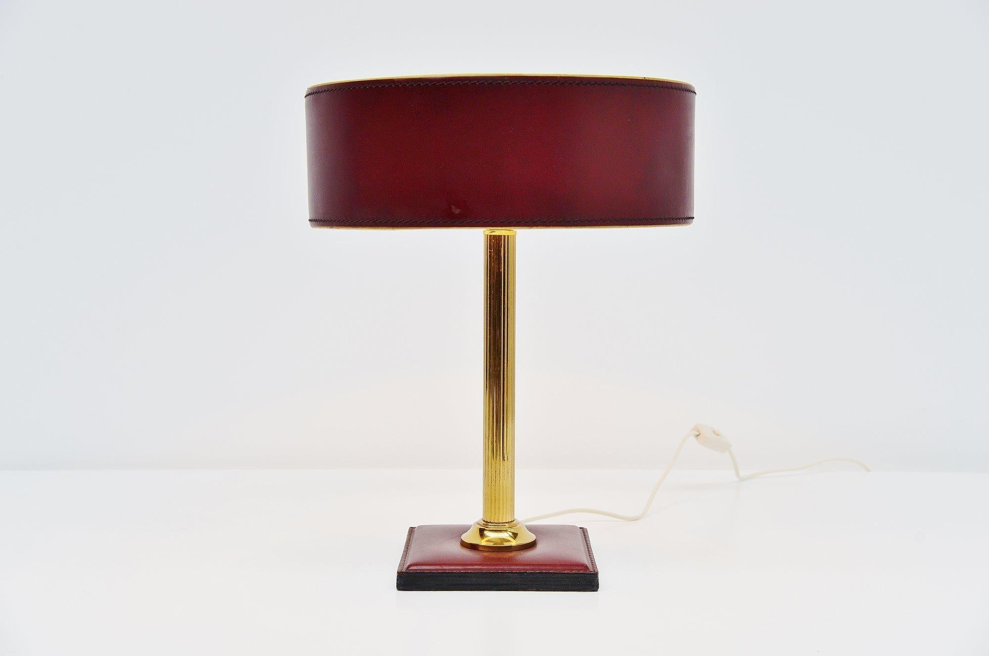 French Jacques Adnet Leather Clad Lamp in Red France, 1960