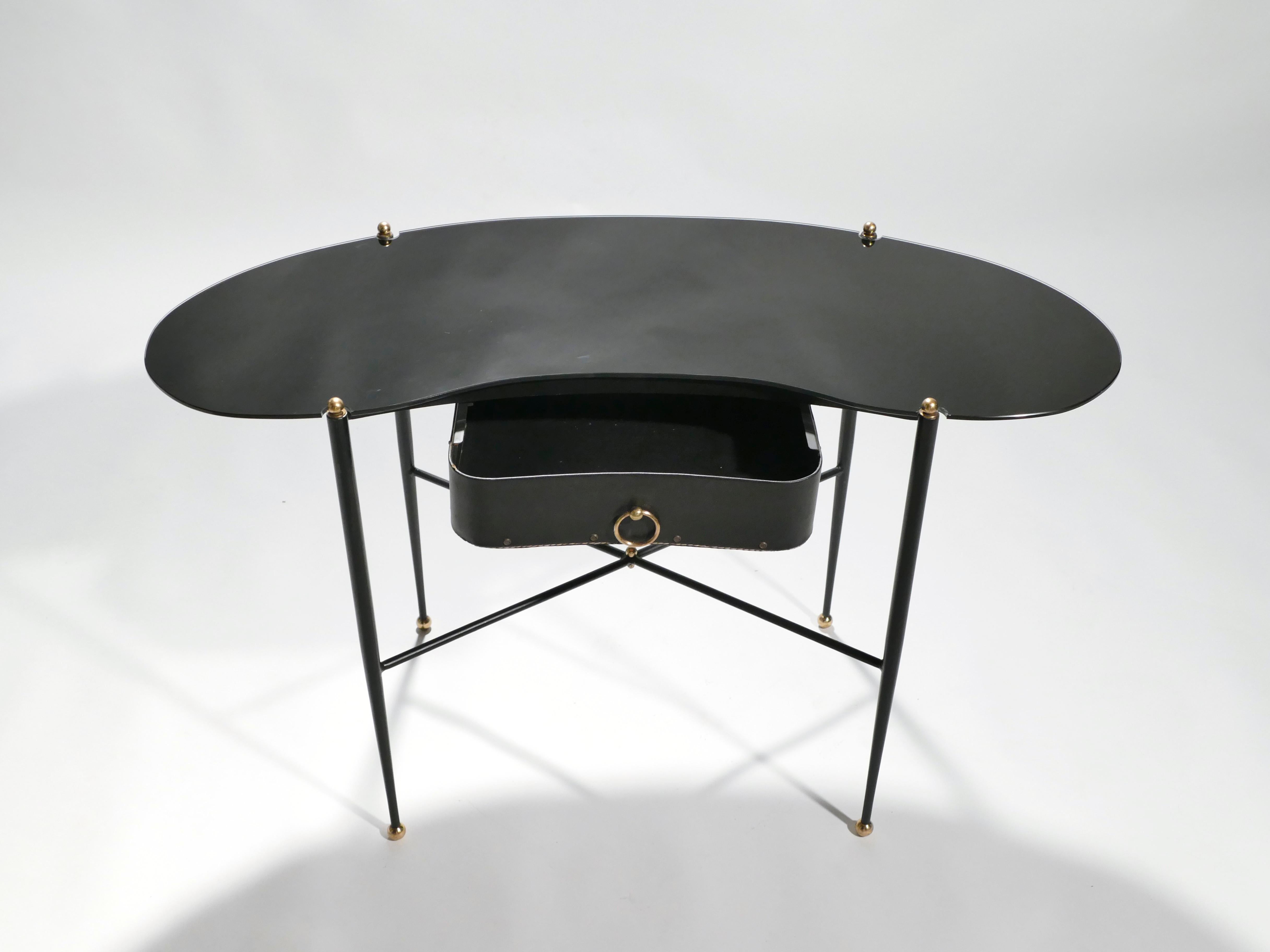 French Jacques Adnet Leather Desk Vanity with Stool, 1940s
