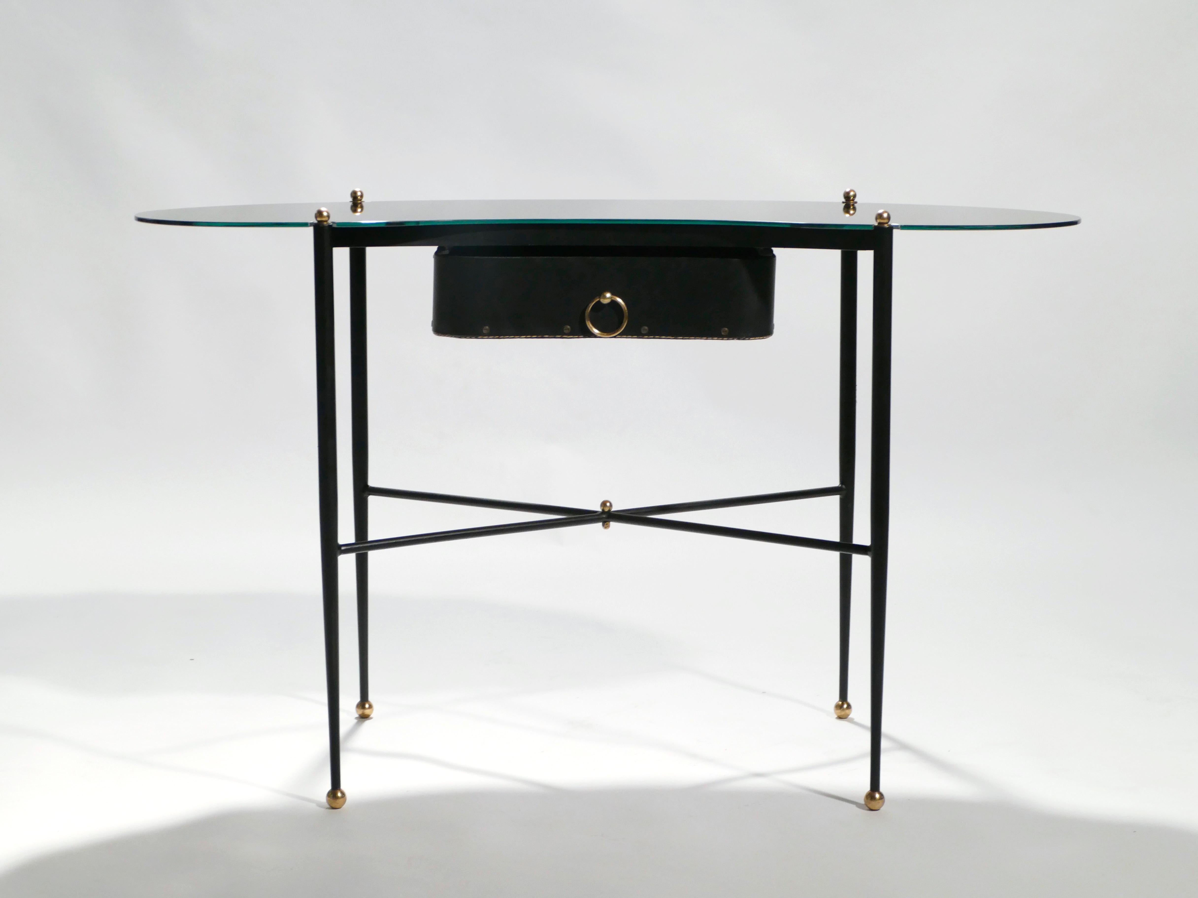 Brass Jacques Adnet Leather Desk Vanity with Stool, 1940s