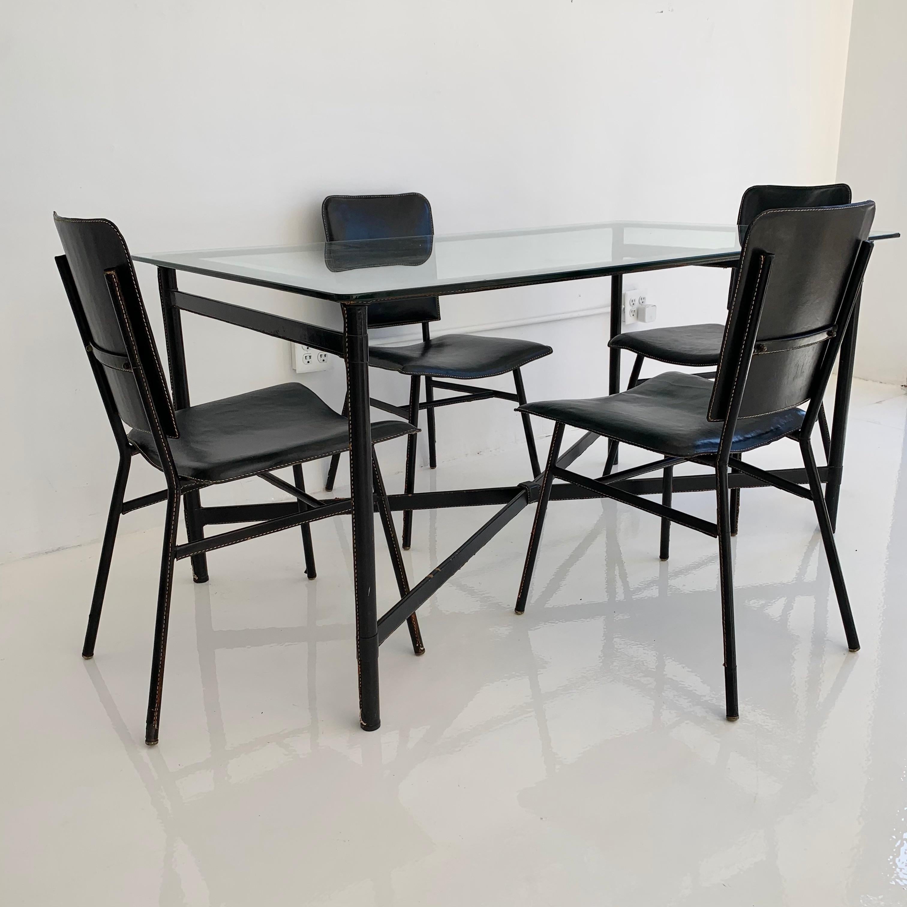 Jacques Adnet Leather Dining Table and 5 Leather Chairs, 1950s france 7