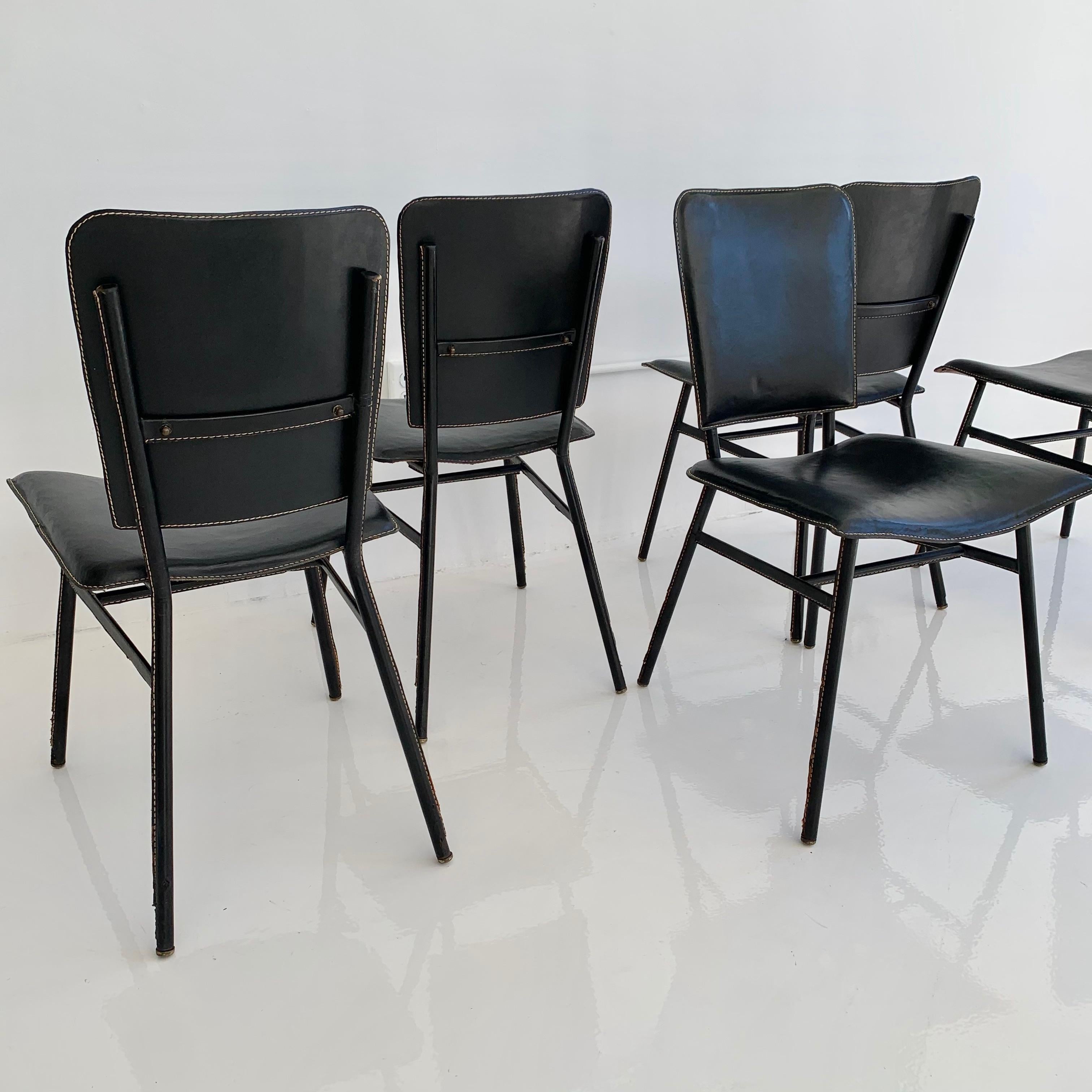 Jacques Adnet Leather Dining Table and 5 Leather Chairs, 1950s france 8
