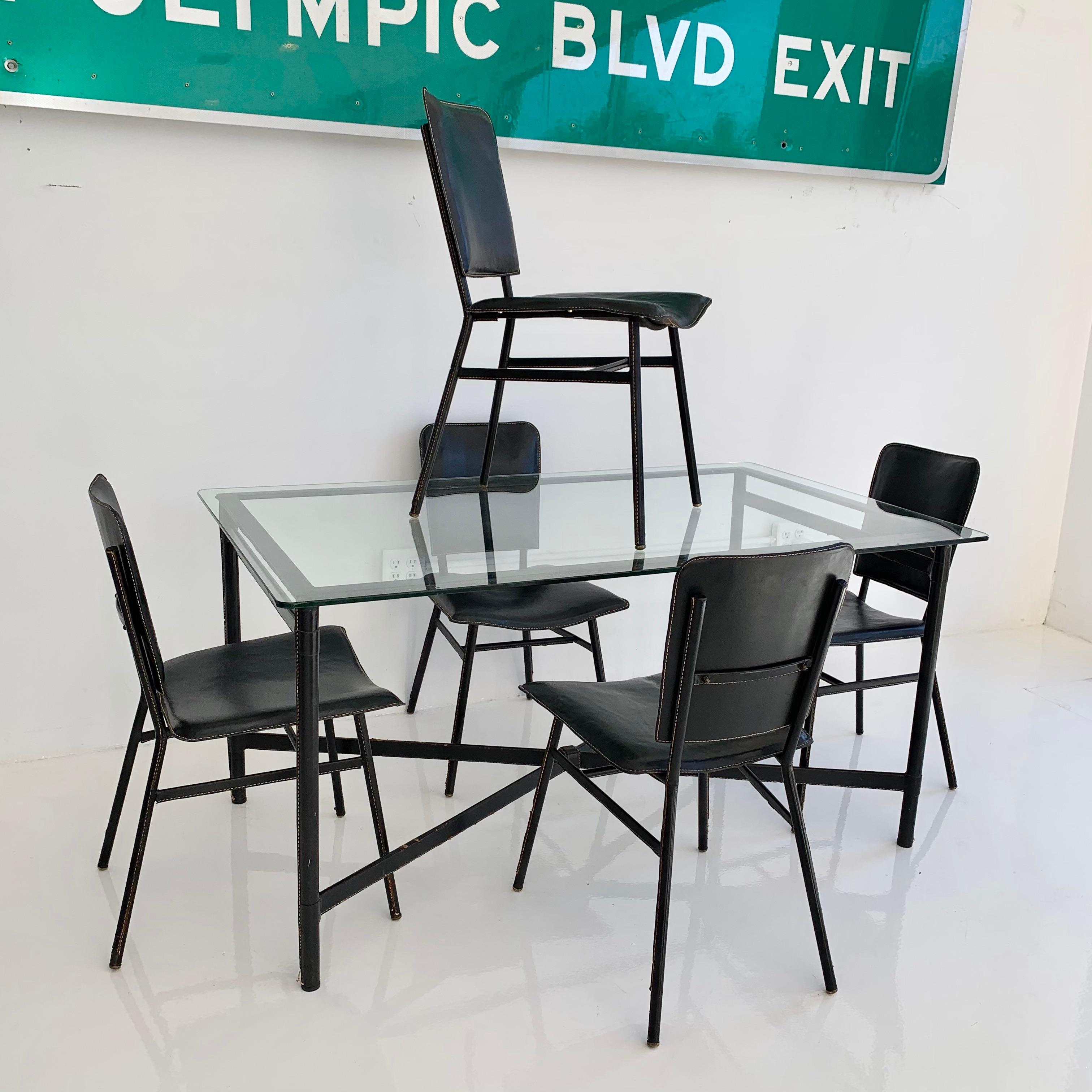 Jacques Adnet Leather Dining Table and 5 Leather Chairs, 1950s france In Good Condition In Los Angeles, CA
