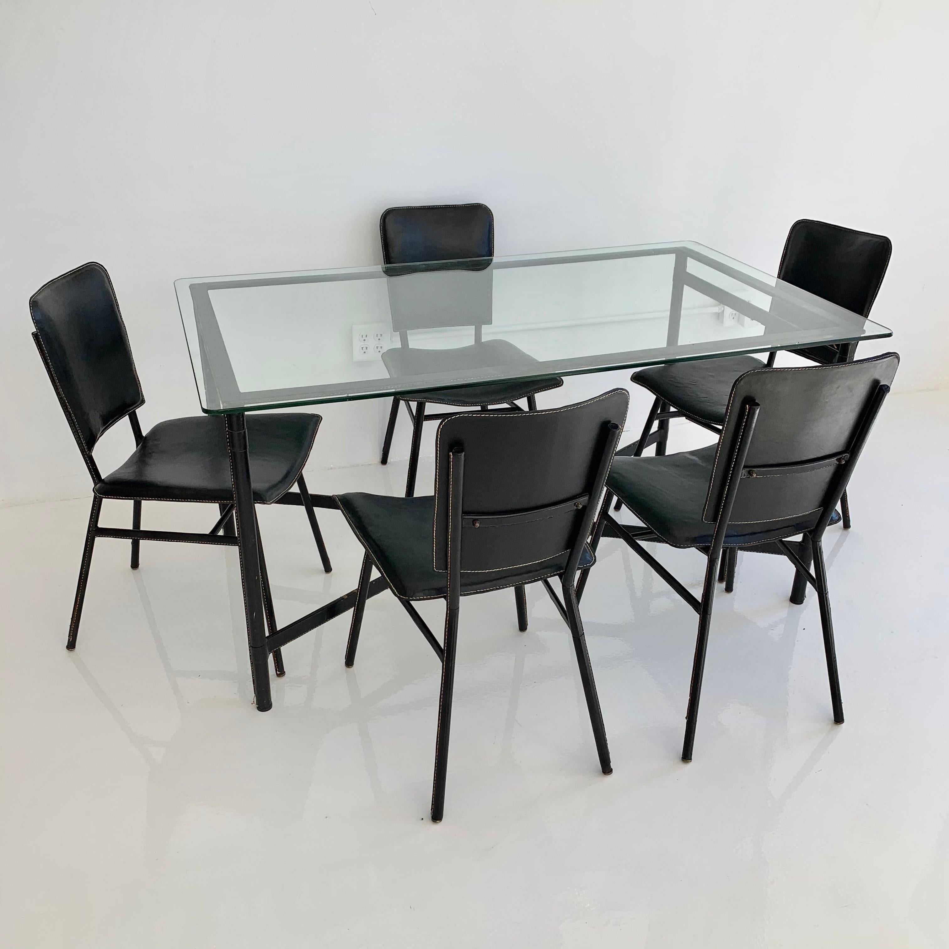 Mid-20th Century Jacques Adnet Leather Dining Table and 5 Leather Chairs, 1950s france