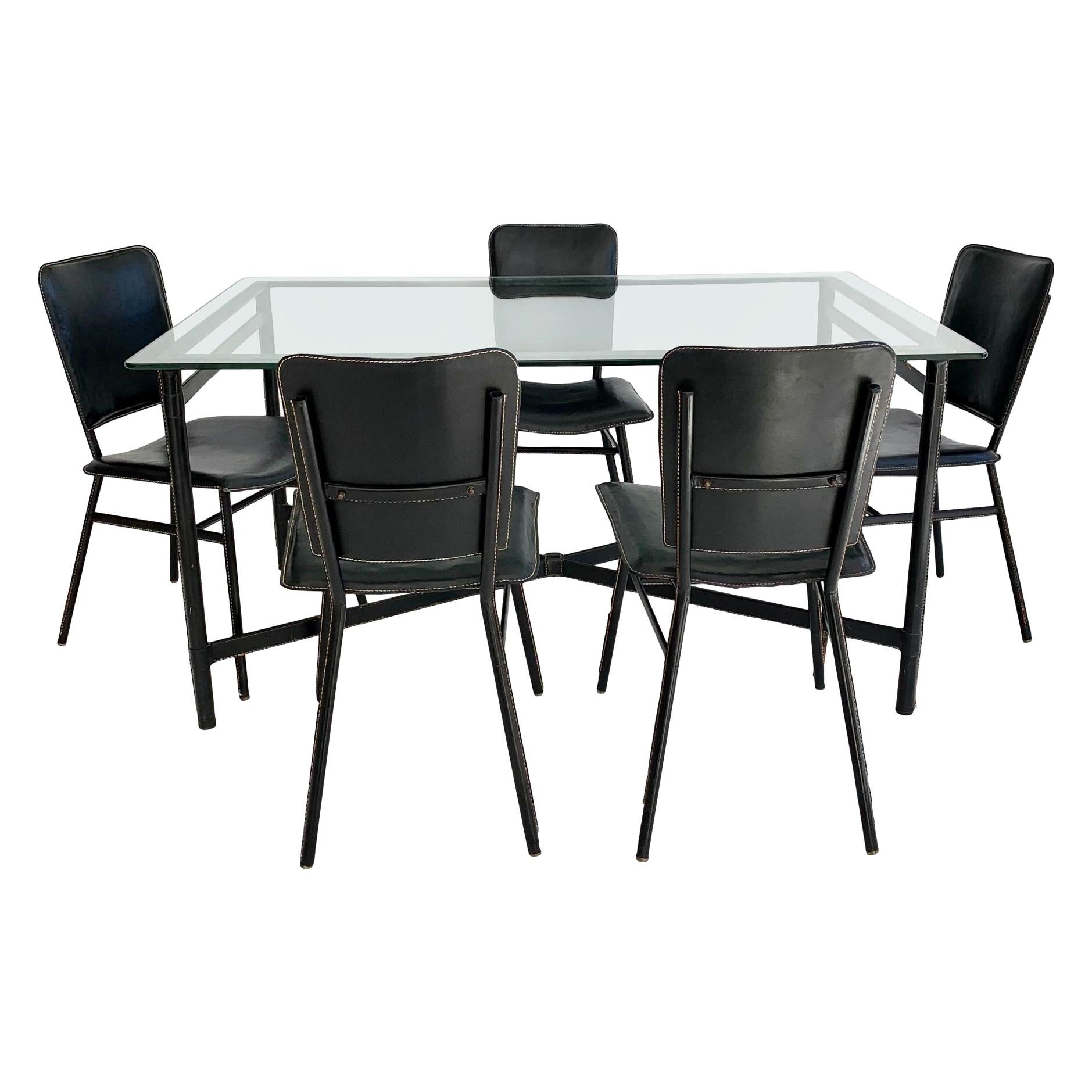 Jacques Adnet Leather Dining Table and 5 Leather Chairs, 1950s france