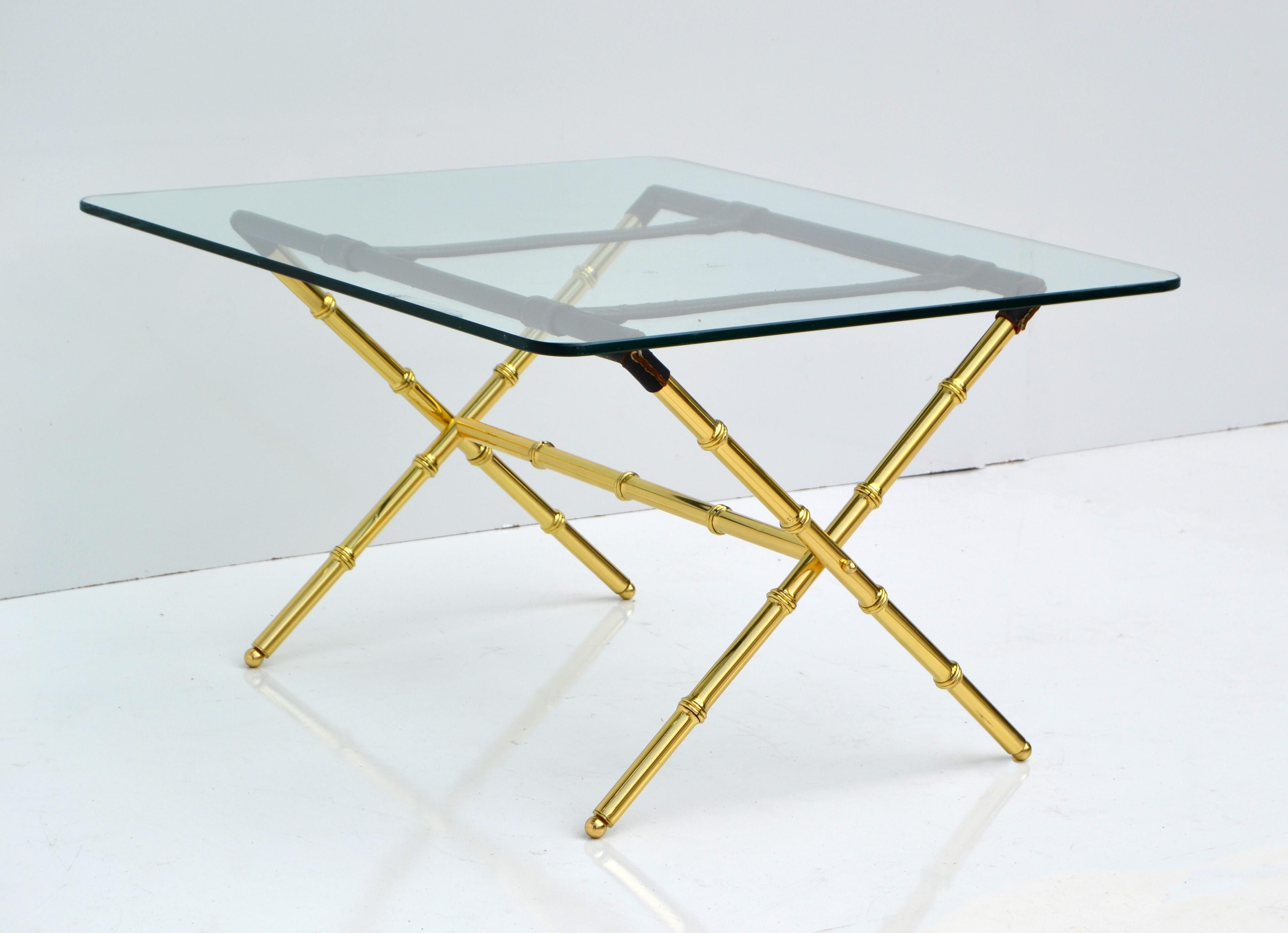 Mid-Century Modern Jacques Adnet Leather & Faux Bamboo Folding Brass X Base Coffee Table Glass Top For Sale