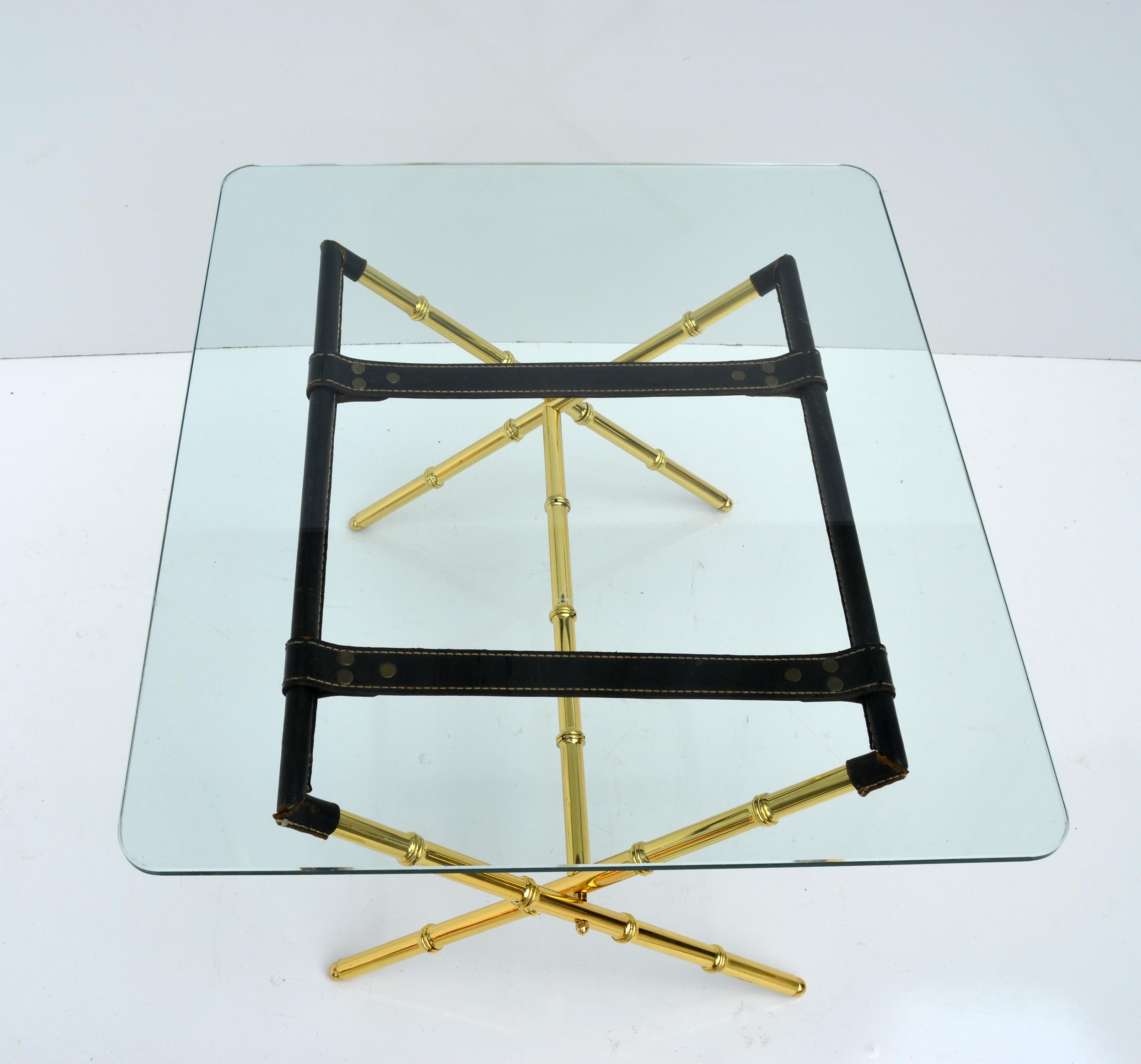 French Jacques Adnet Leather & Faux Bamboo Folding Brass X Base Coffee Table Glass Top For Sale