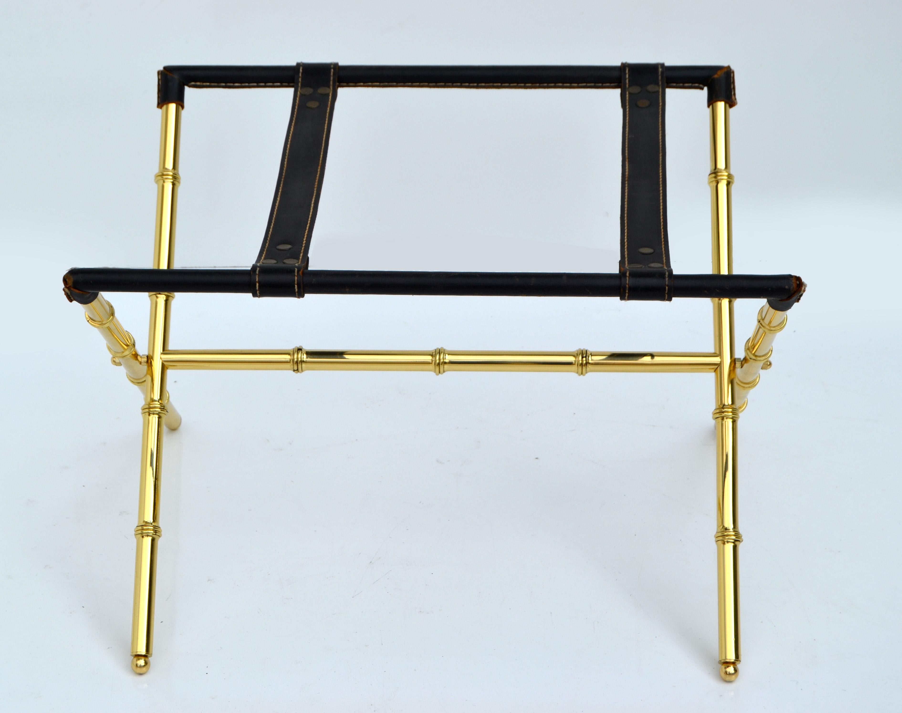 Hand-Crafted Jacques Adnet Leather & Faux Bamboo Folding Brass X Base Coffee Table Glass Top For Sale