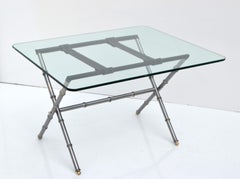 Jacques Adnet Leather & Faux Bamboo Folding Nickel x Base Coffee Table Glass Top