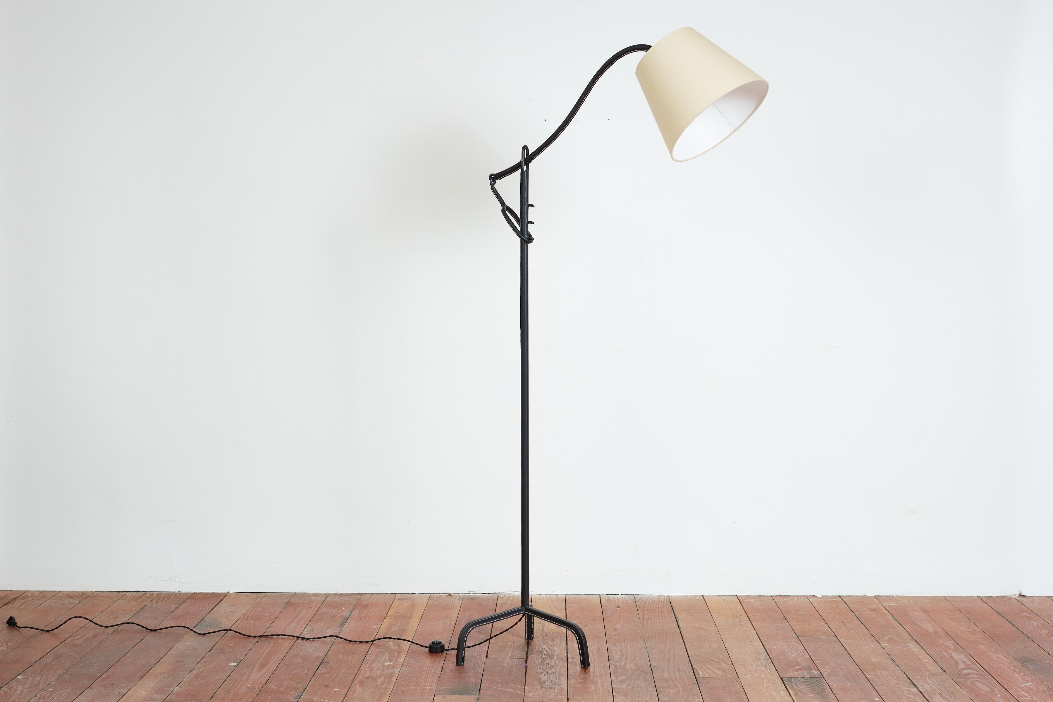 French Jacques Adnet Leather Floor Lamp  For Sale