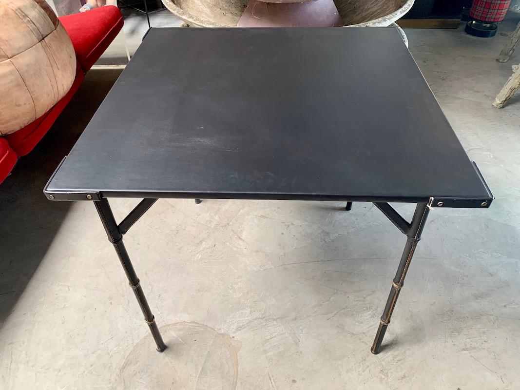 French Jacques Adnet Black Leather Game Table