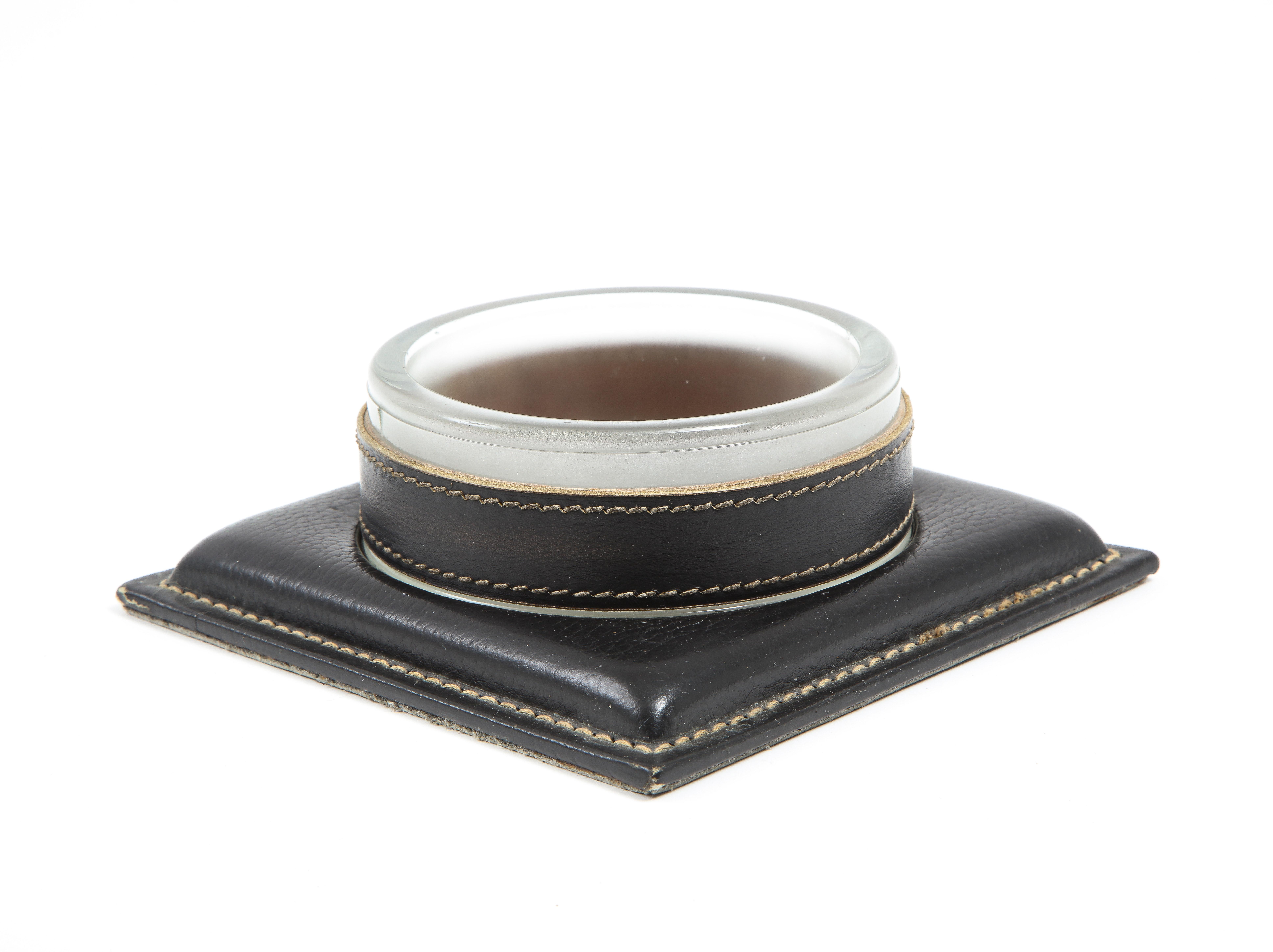 Jacques Adnet Leather & Glass Catchall, France 1950's 3