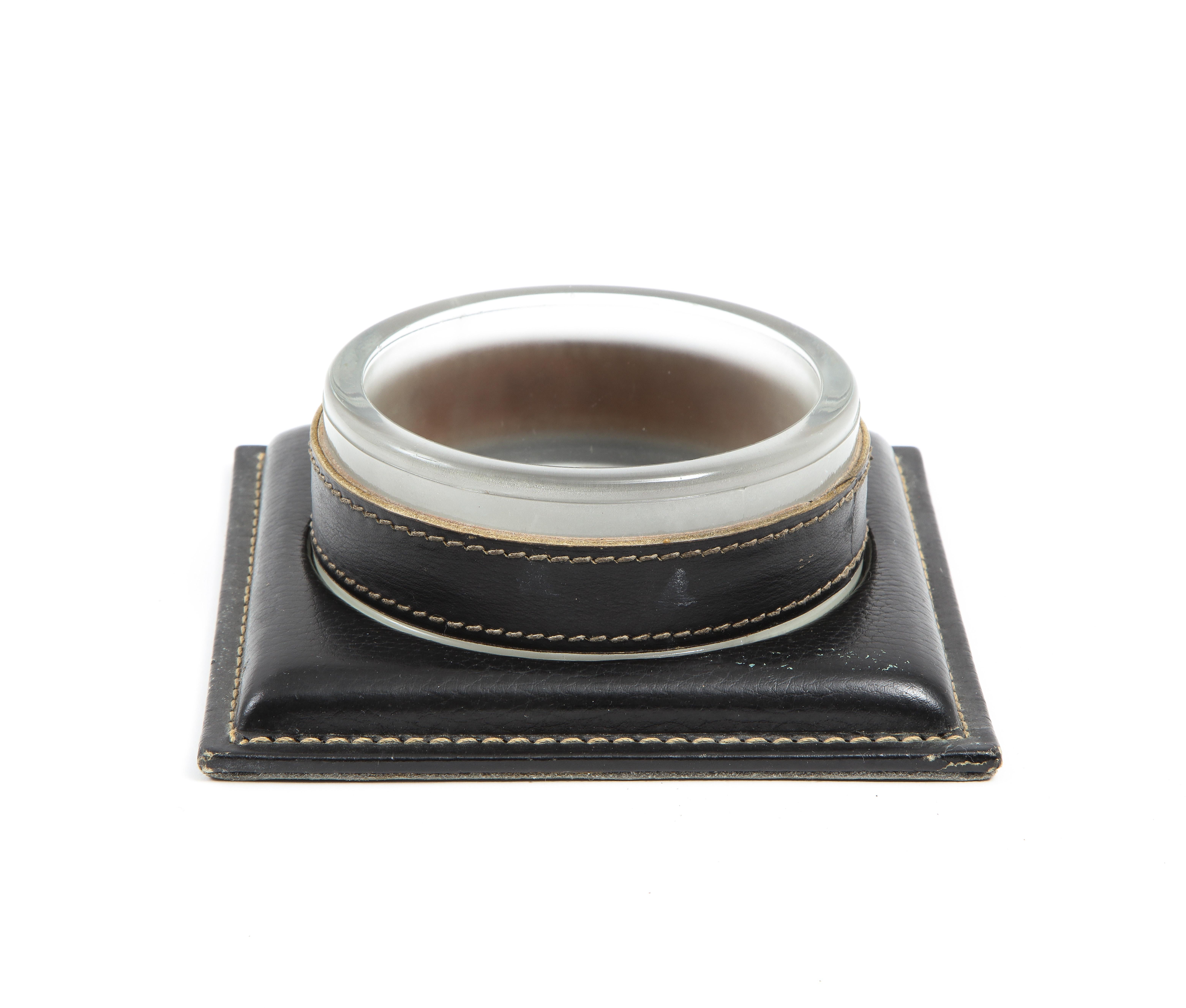 Jacques Adnet Leather & Glass Catchall, France 1950's 4