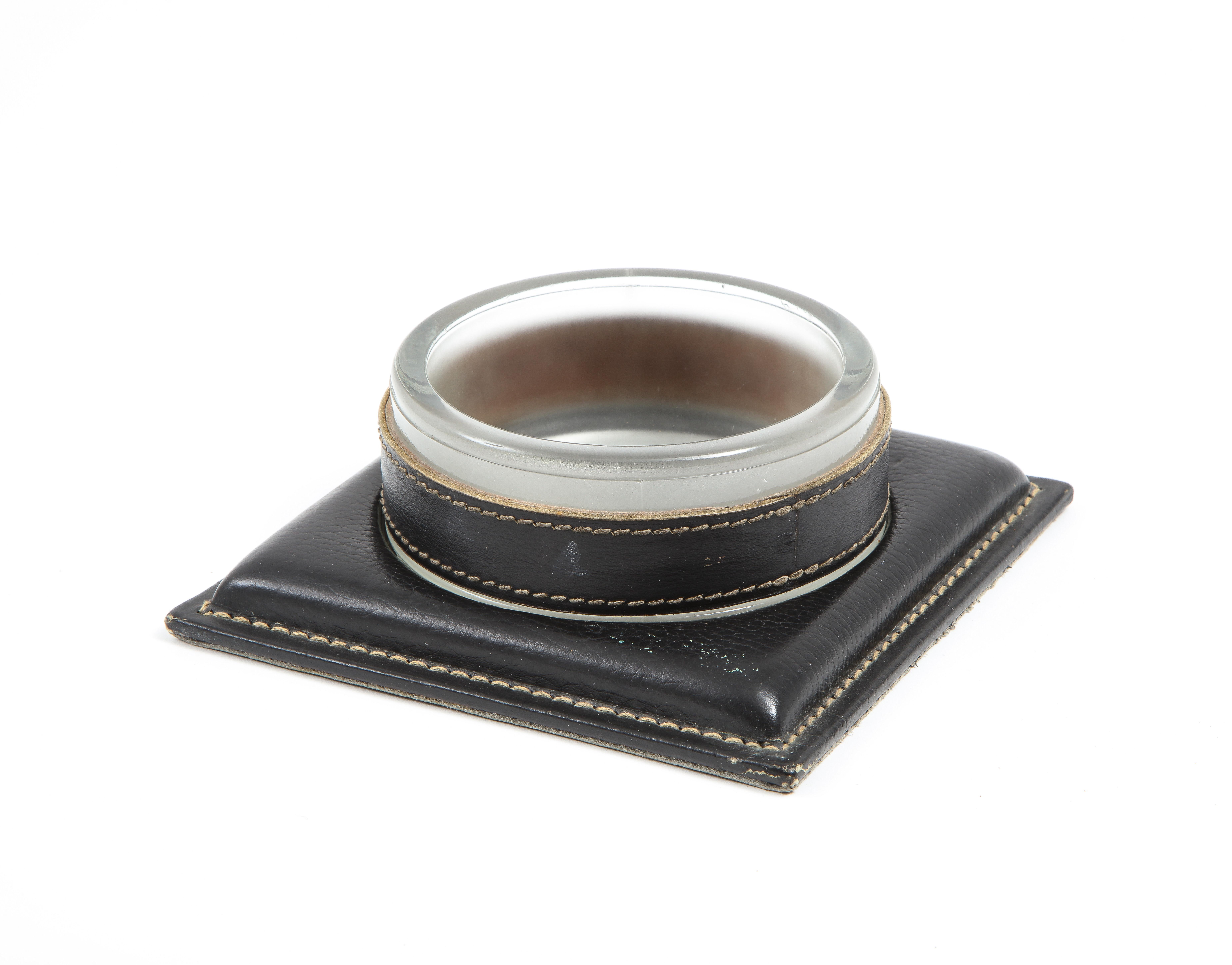 Jacques Adnet Leather & Glass Catchall, France 1950's 5