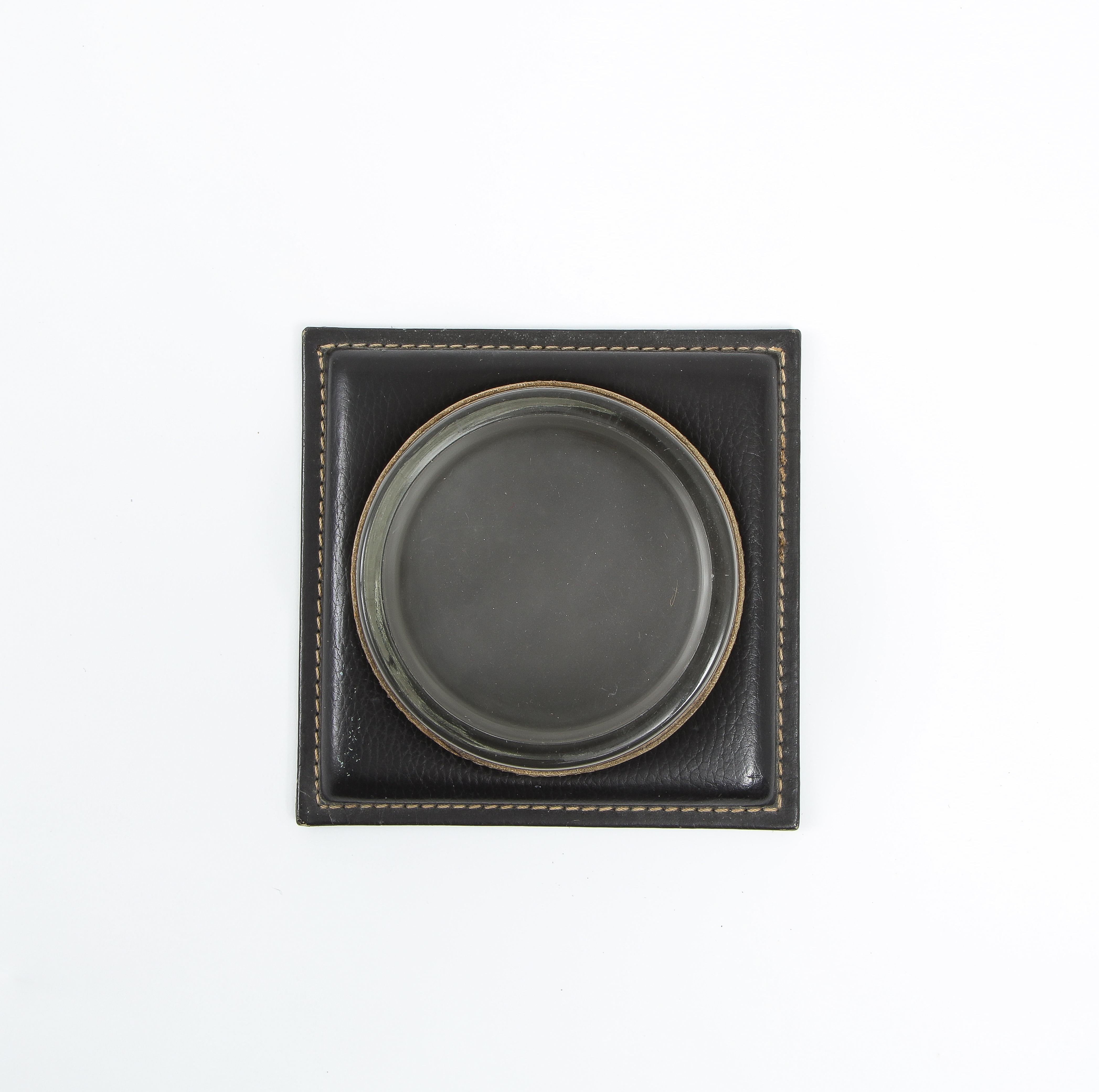 Mid-Century Modern Jacques Adnet Leather & Glass Catchall, France 1950's