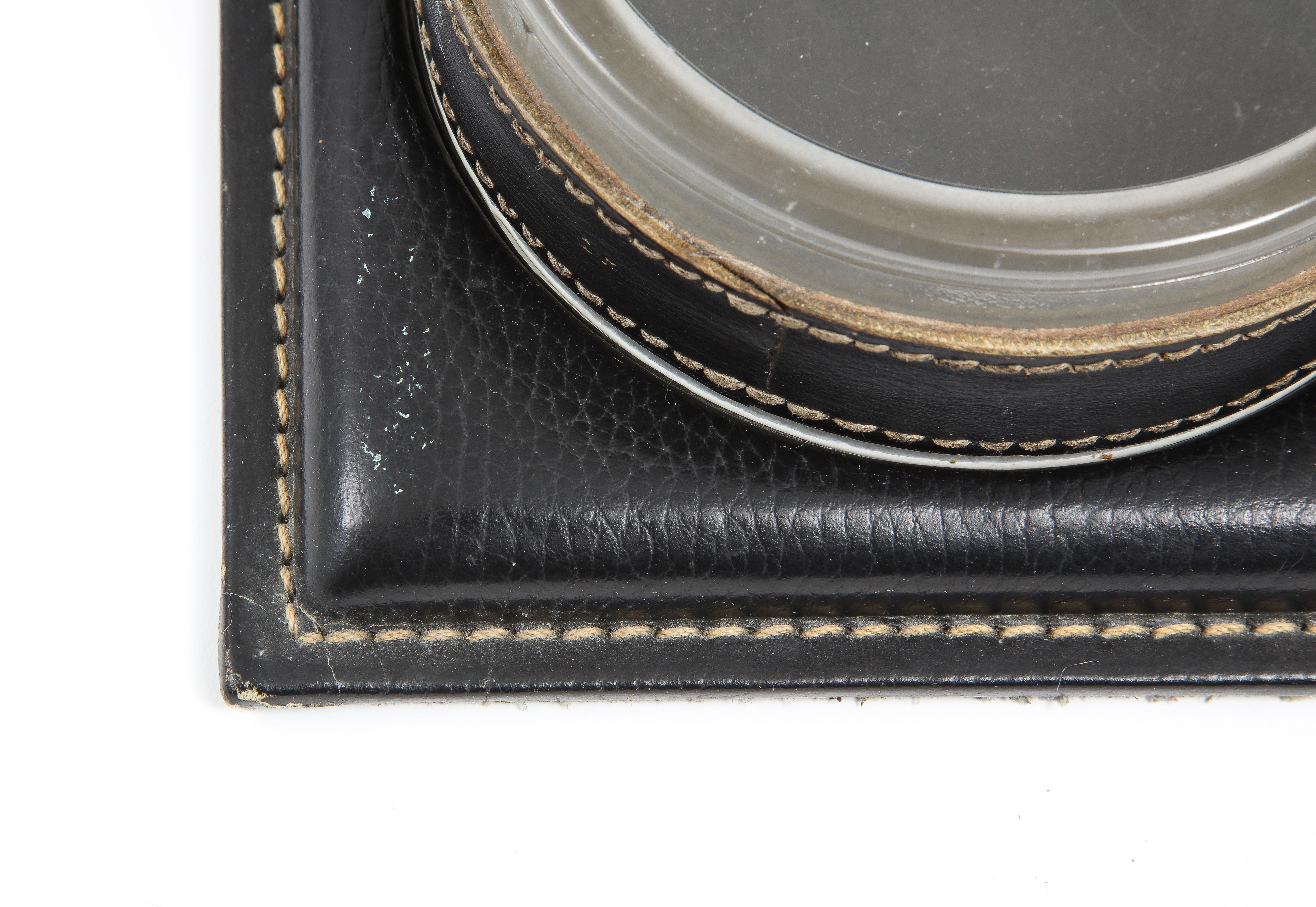 French Jacques Adnet Leather & Glass Catchall, France 1950's