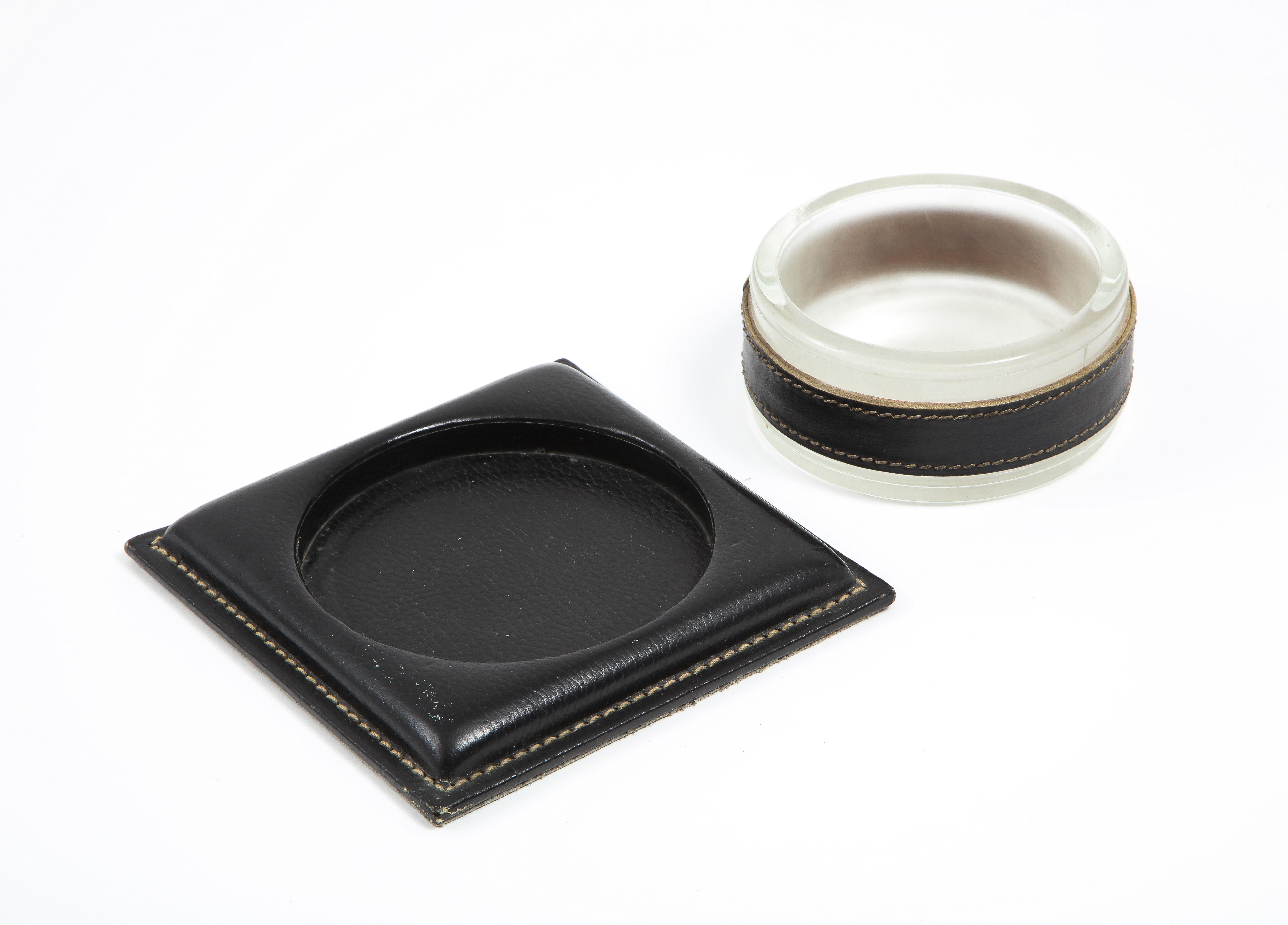Cast Jacques Adnet Leather & Glass Catchall, France 1950's
