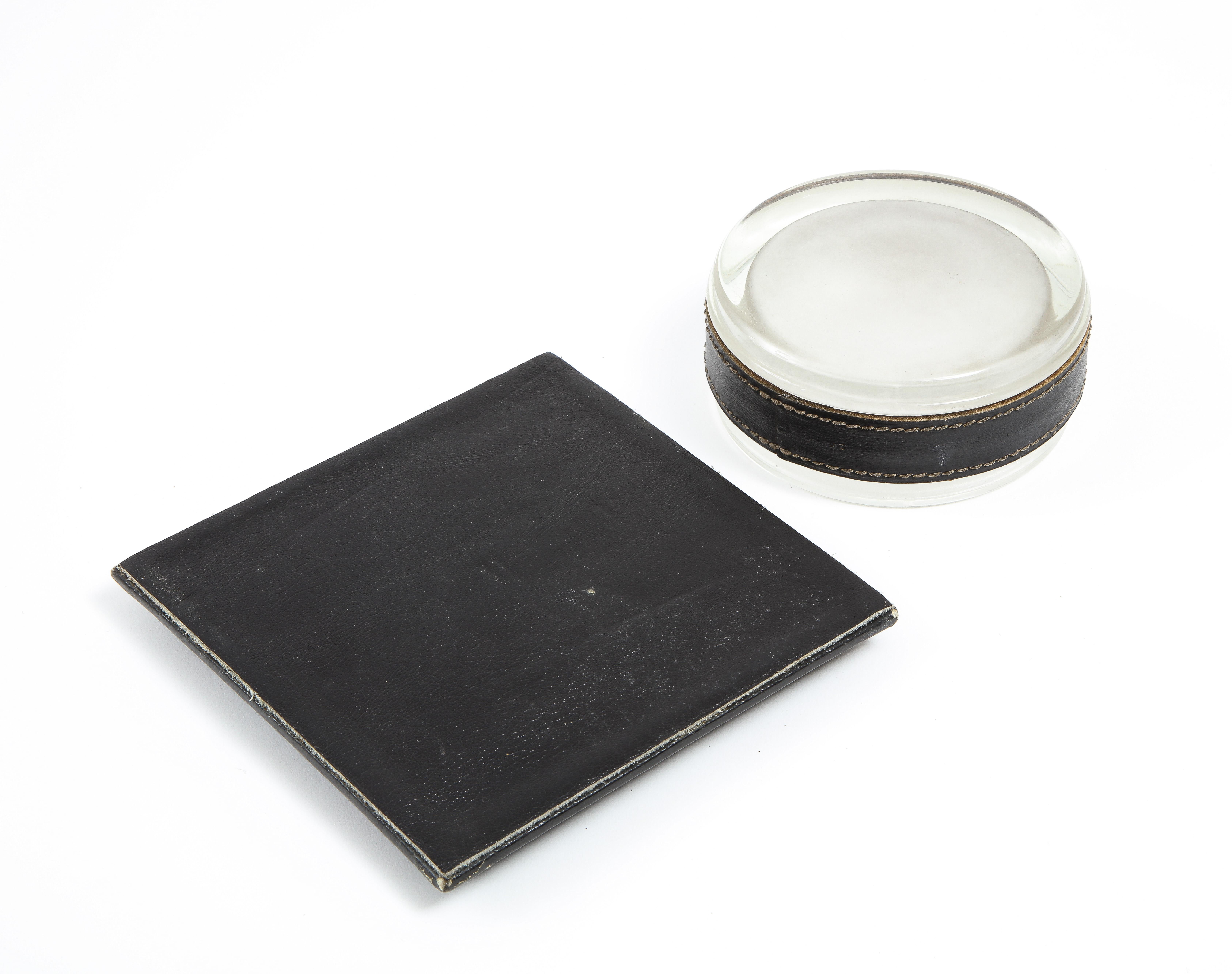 Jacques Adnet Leather & Glass Catchall, France 1950's In Good Condition In New York, NY