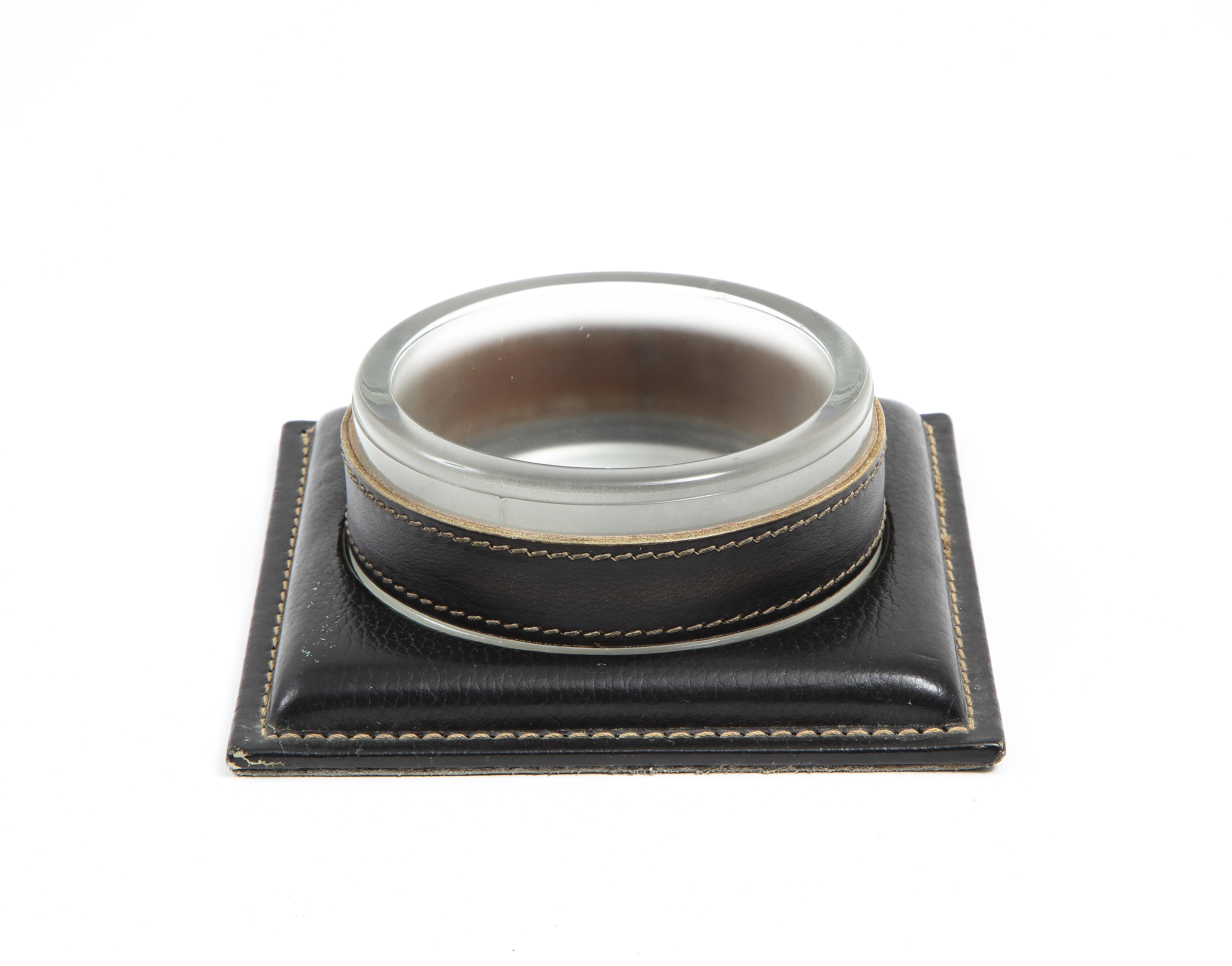 20th Century Jacques Adnet Leather & Glass Catchall, France 1950's