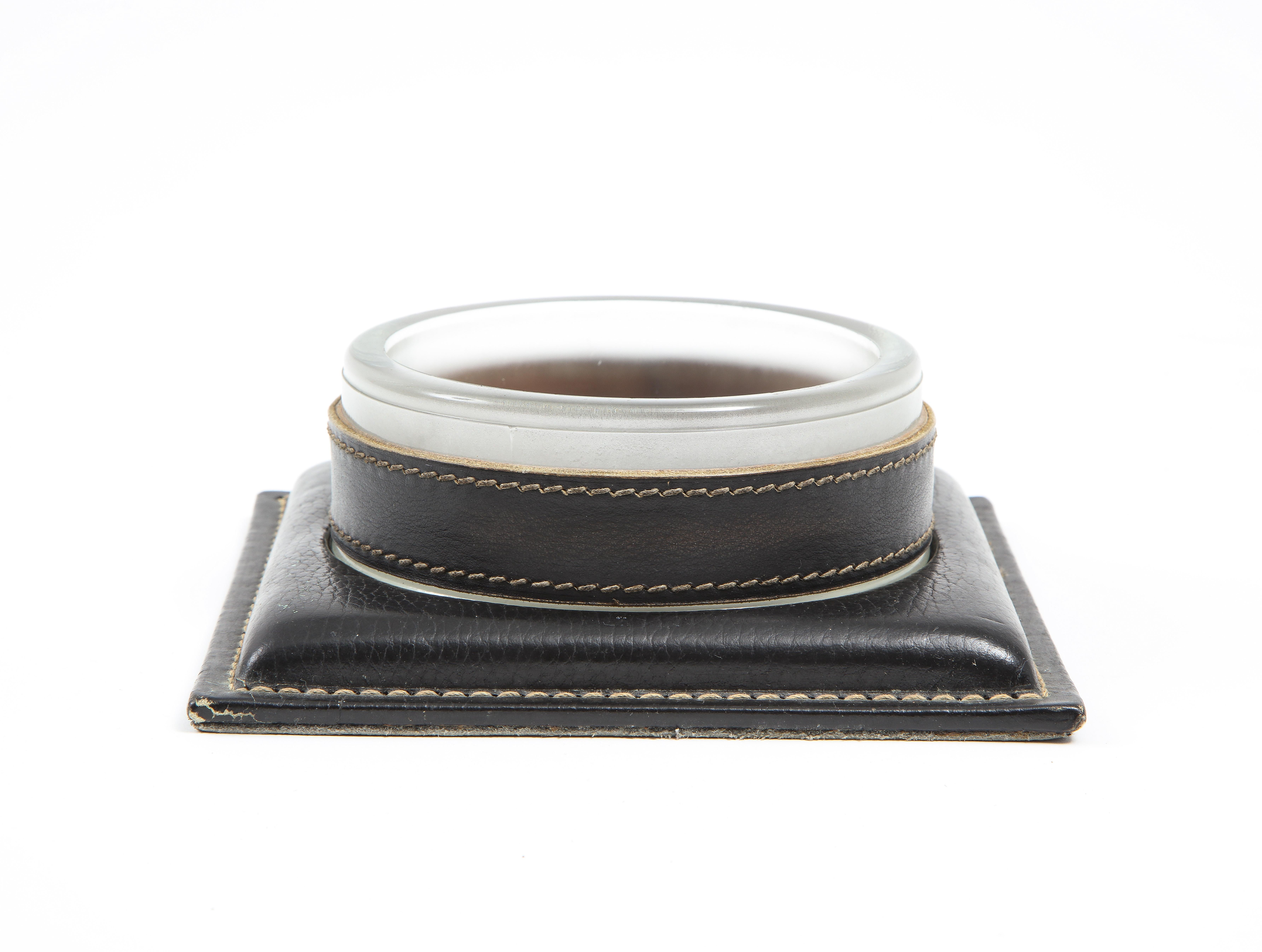 Jacques Adnet Leather & Glass Catchall, France 1950's 1