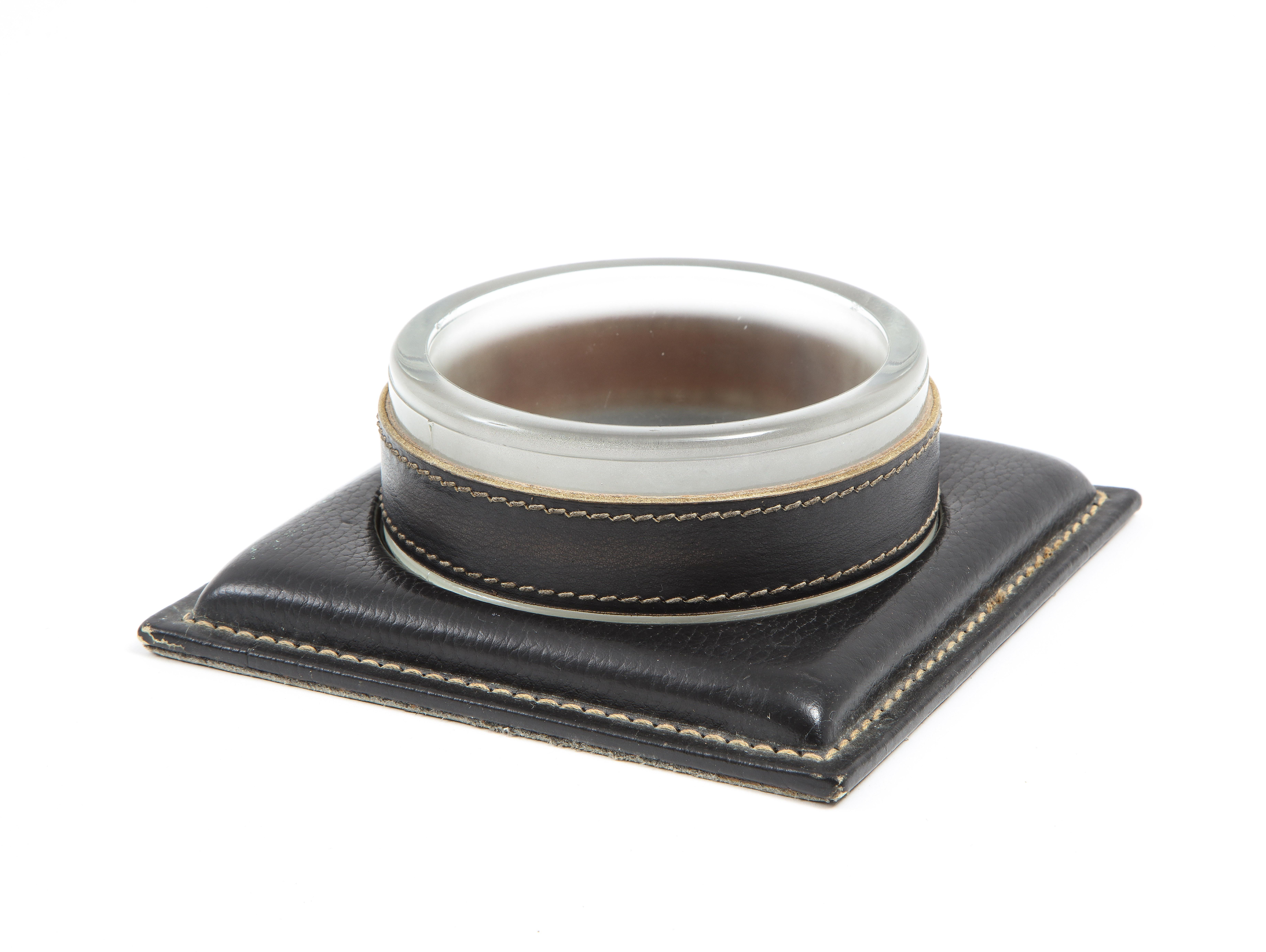 Jacques Adnet Leather & Glass Catchall, France 1950's 2