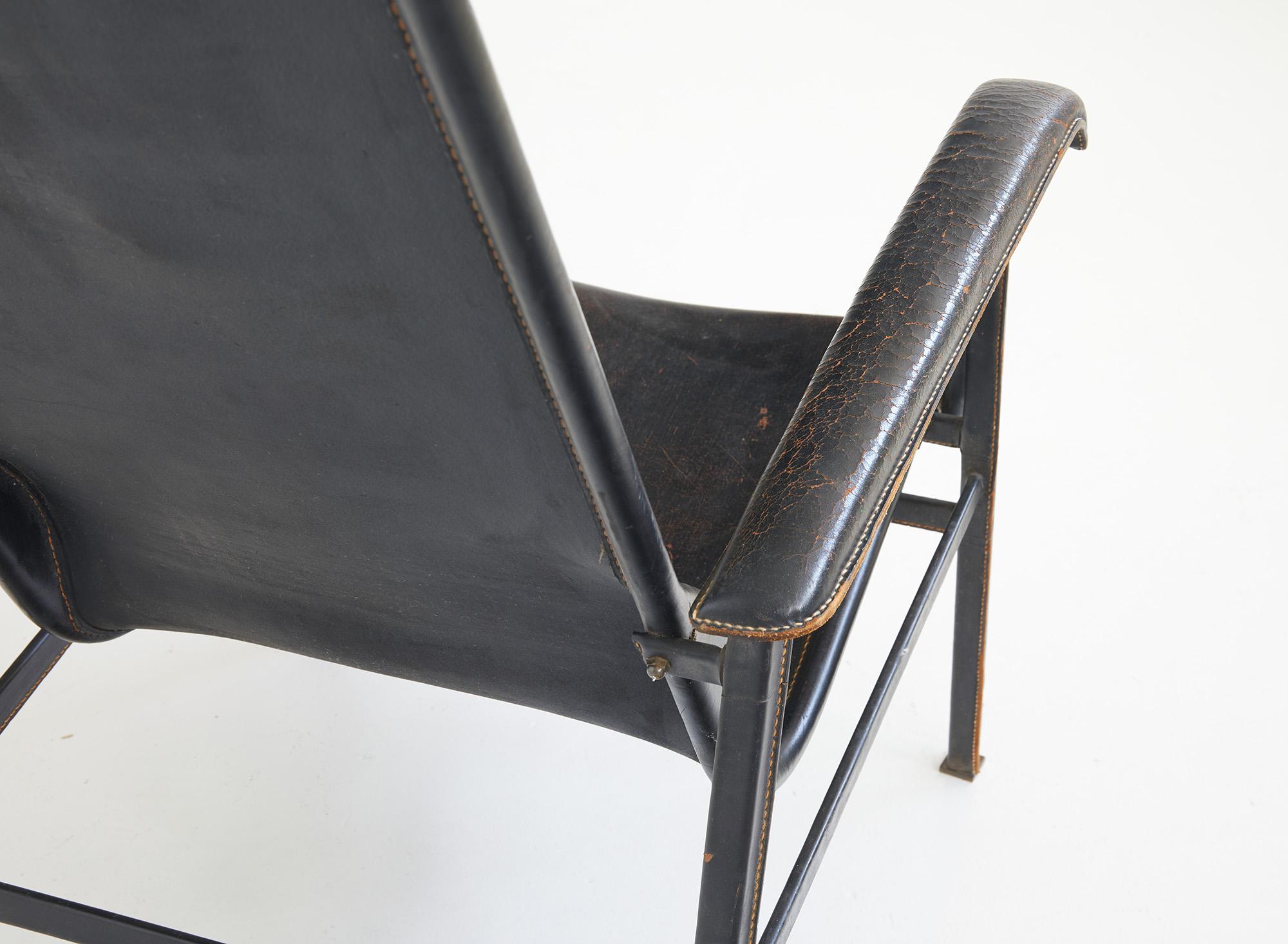 Sedia con schienale alto in pelle Jacques Adnet Ed.Compagnie des Arts, Francia c.C. 1950 in vendita 4