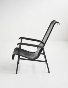 Sedia con schienale alto in pelle Jacques Adnet Ed.Compagnie des Arts, Francia c.C. 1950