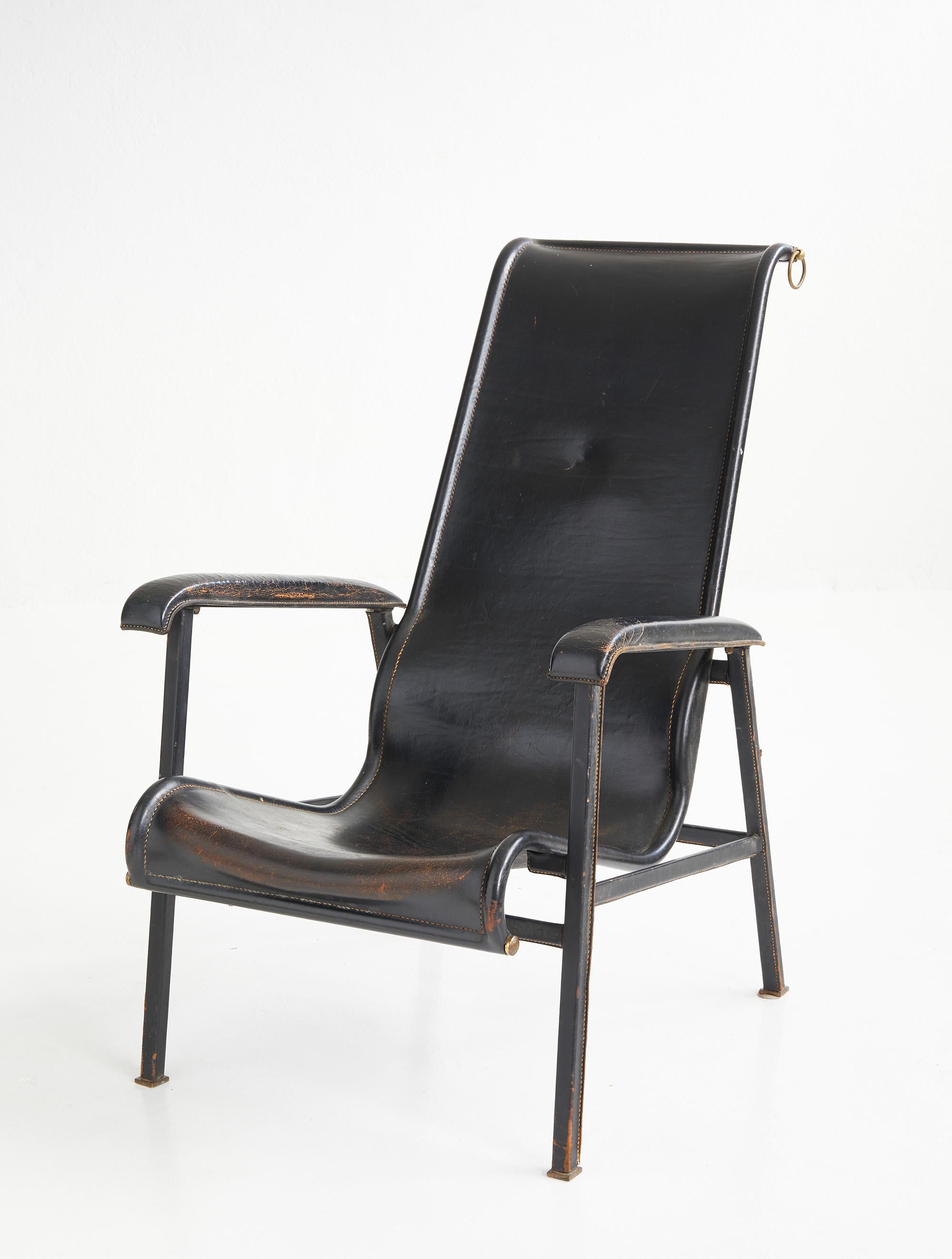 Mid-Century moderno Sedia con schienale alto in pelle Jacques Adnet Ed.Compagnie des Arts, Francia c.C. 1950 in vendita