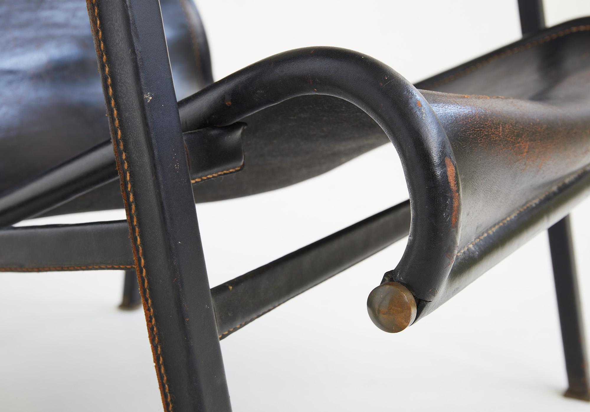 Sedia con schienale alto in pelle Jacques Adnet Ed.Compagnie des Arts, Francia c.C. 1950 in vendita 2