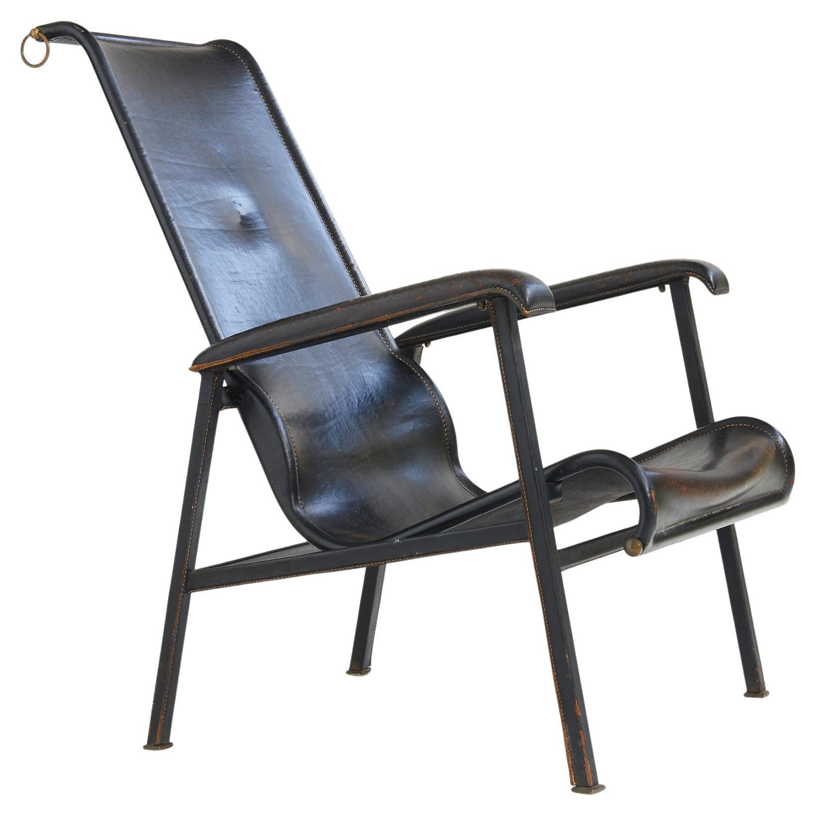 Sedia con schienale alto in pelle Jacques Adnet Ed.Compagnie des Arts, Francia c.C. 1950 in vendita