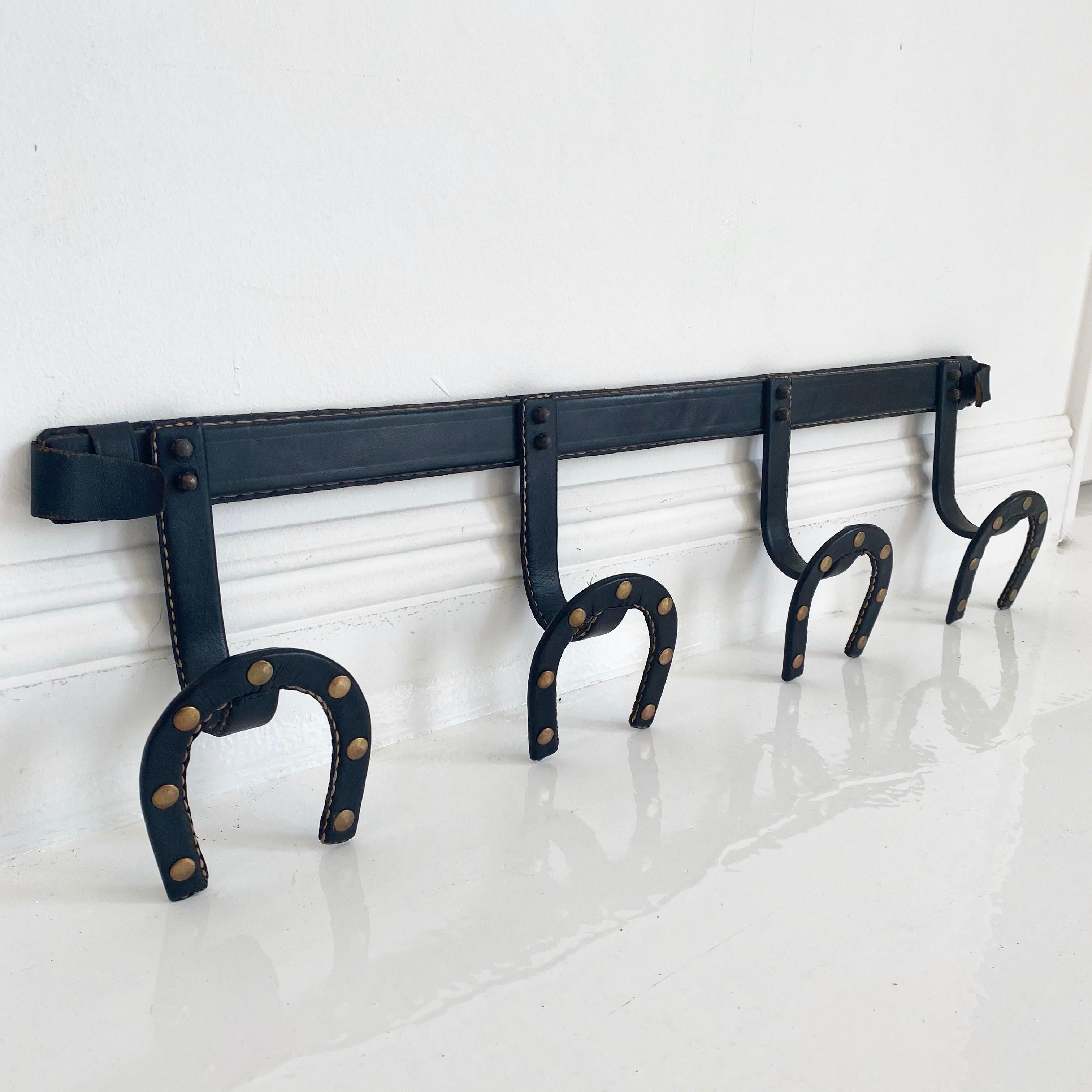 French Jacques Adnet Leather Horseshoe Coat Rack