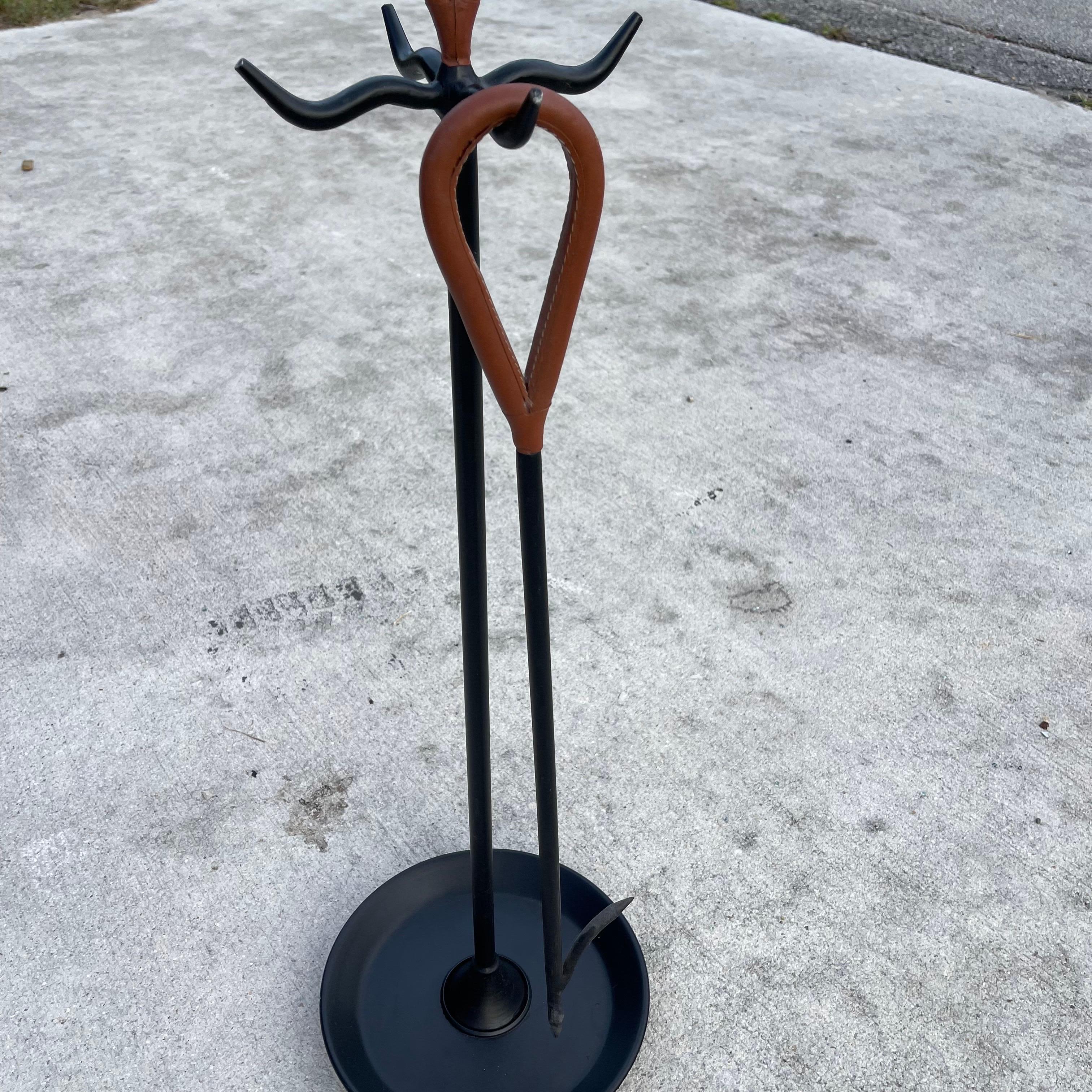 Jacques Adnet Style Leather & Iron Modernist Fireplace Tool Set 7